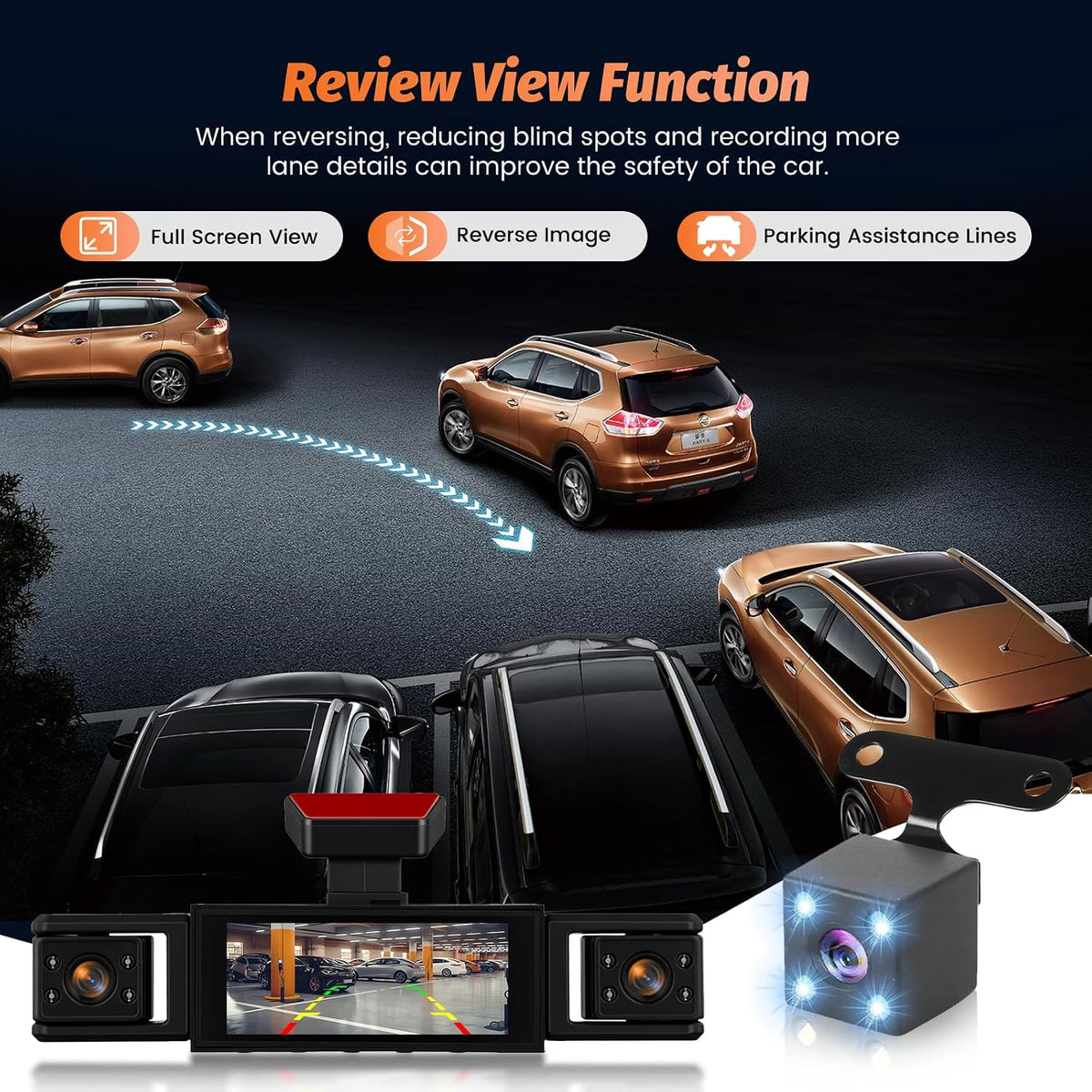 3.16" 360°1080P 4-Channel Dash Cam, Front Inside Left Right