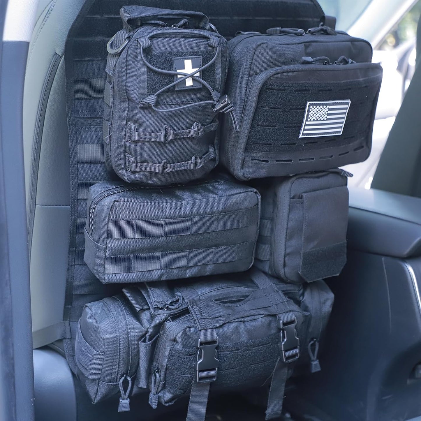 Universal Tactical Car Seat Back Organizer Bag Tactical Molle Vehicle Organizers Panel Vehicle Protector Organizers with 5 Detachable Pouches for Car Truck Ford Jeep (Upgraded C model Black)
