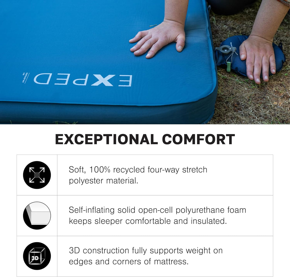 Exped DeepSleep Mat, Duo Long Wide Plus | Self Inflating Firm Car Sleeping Mat, 3” Foam Pad, Pump Included