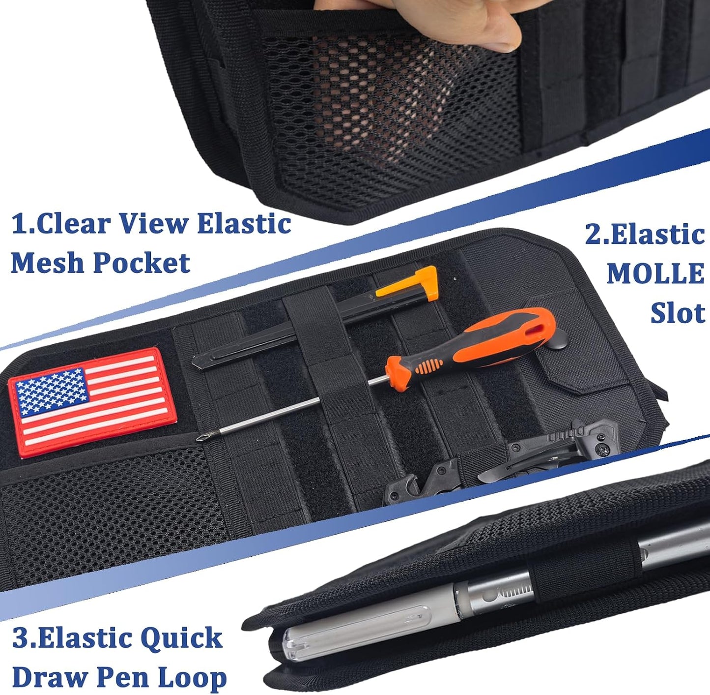 Car Visor Organizer, Truck Visor Organizer for Police Gear & Overlanding | 1000D polyester, Velcro straps, MOLLE panel, zipper storage. Fits sedans, SUVs, Jeeps & trucks. 2 USA flag patches included
