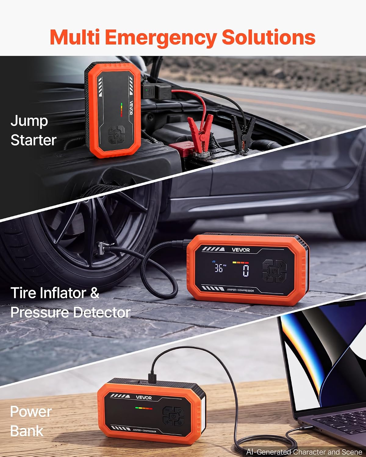 VEVOR Jump Starter with Air Compressor 3000A Peak Car Battery Jump Box