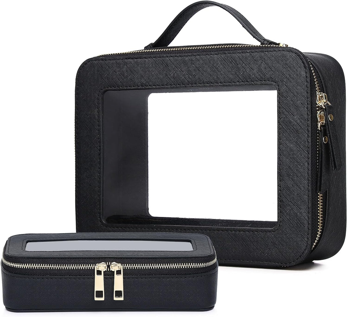 Pinkmik Clear Makeup Bag with Brush Bag, (Black, L+SLIM)