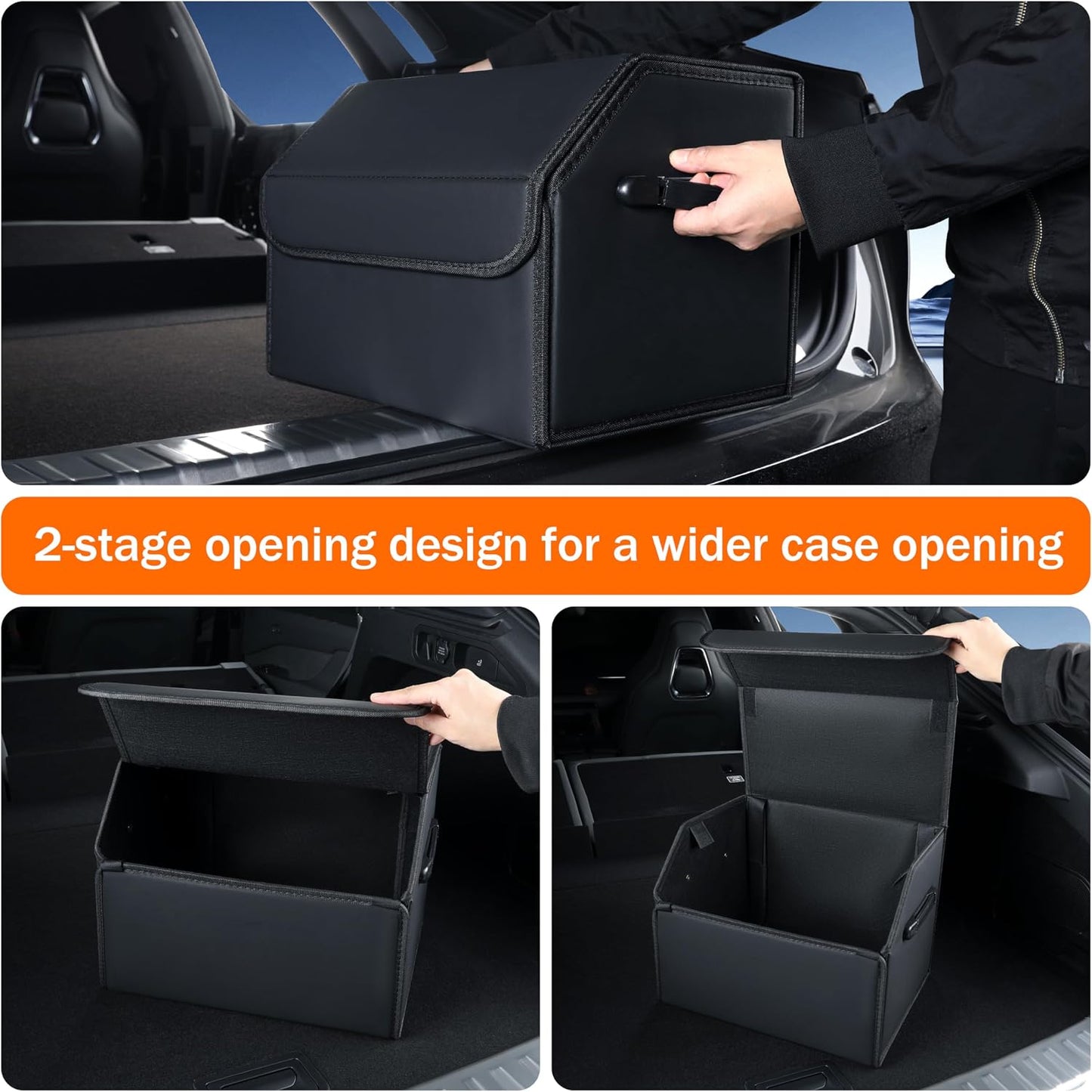 Trunk Organizer,car organizers and storage,black Leather Storage Box with lid,Fiberboard,Collapsible,15''L x 13''W x 12.4''H,2K inches³(size A)
