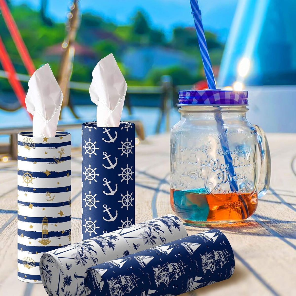 4 Pcs Nautical Round Tissues Box Car Holder Set with Facial Tissue Bulk Nautical Travel Tubes for Car - 50 Sheets Cylinder Face Towel Containers Fit for Cup Holder Round Storage for Car, Travel