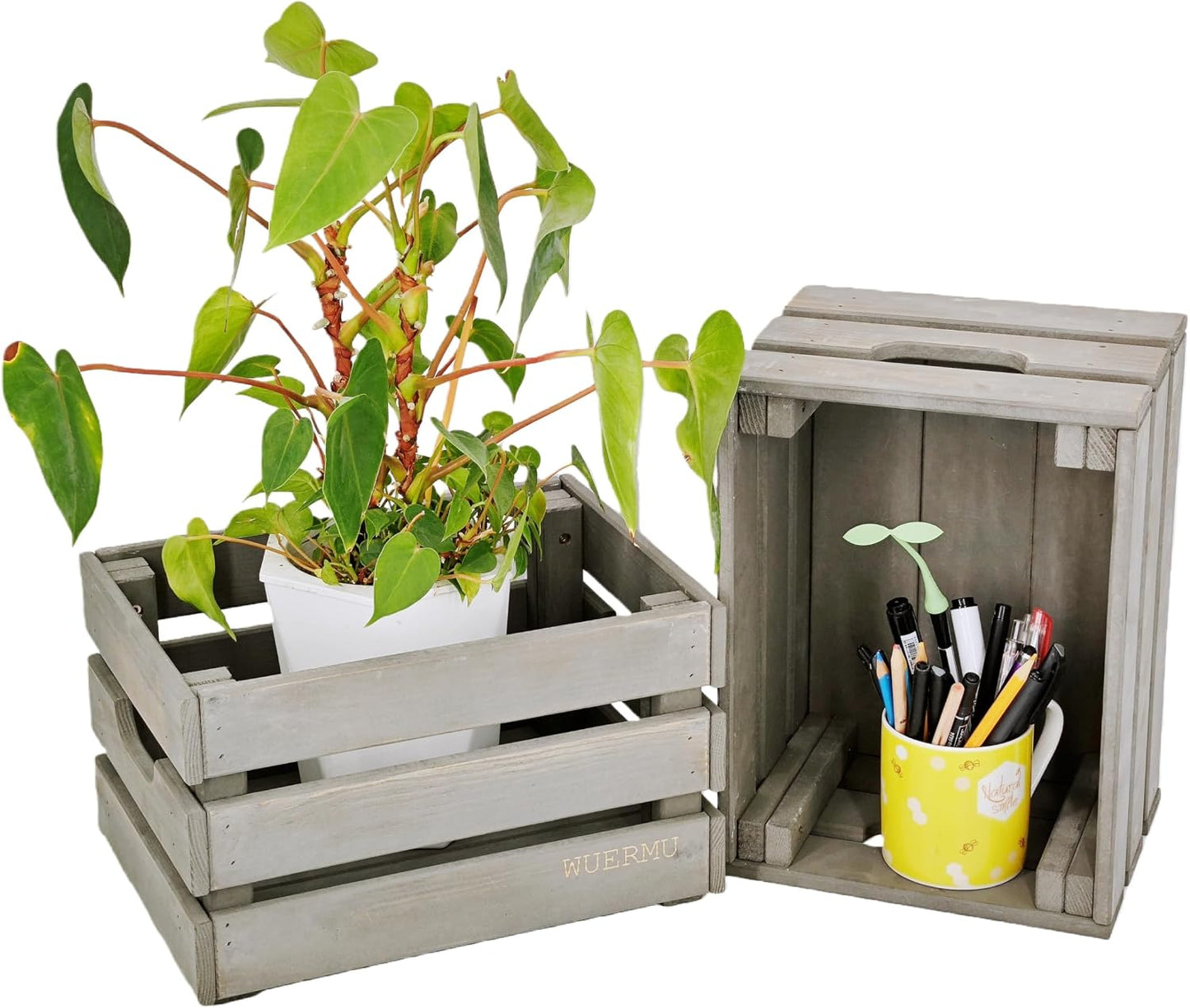Gray Wooden Crates, Set of 4 Rustic Storage Boxes for Home Organization, Tool Box, Wine Carrier, and Camping Supplies, 12.2 Inches.