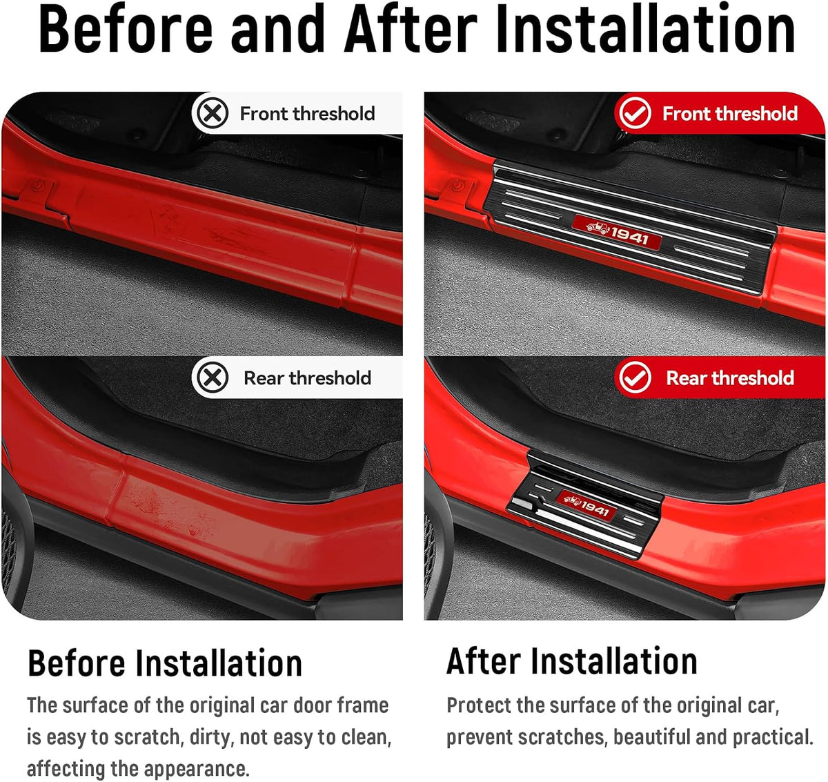 4PCS Door Sill Guards for Jeep 2018-2026 Wrangler JL JLU & 2020-2026 Gladiator JT Accessories Stainless Steel Material Red Trim Door Sill Protector Black Brushed Front Rear Door Entry Guard