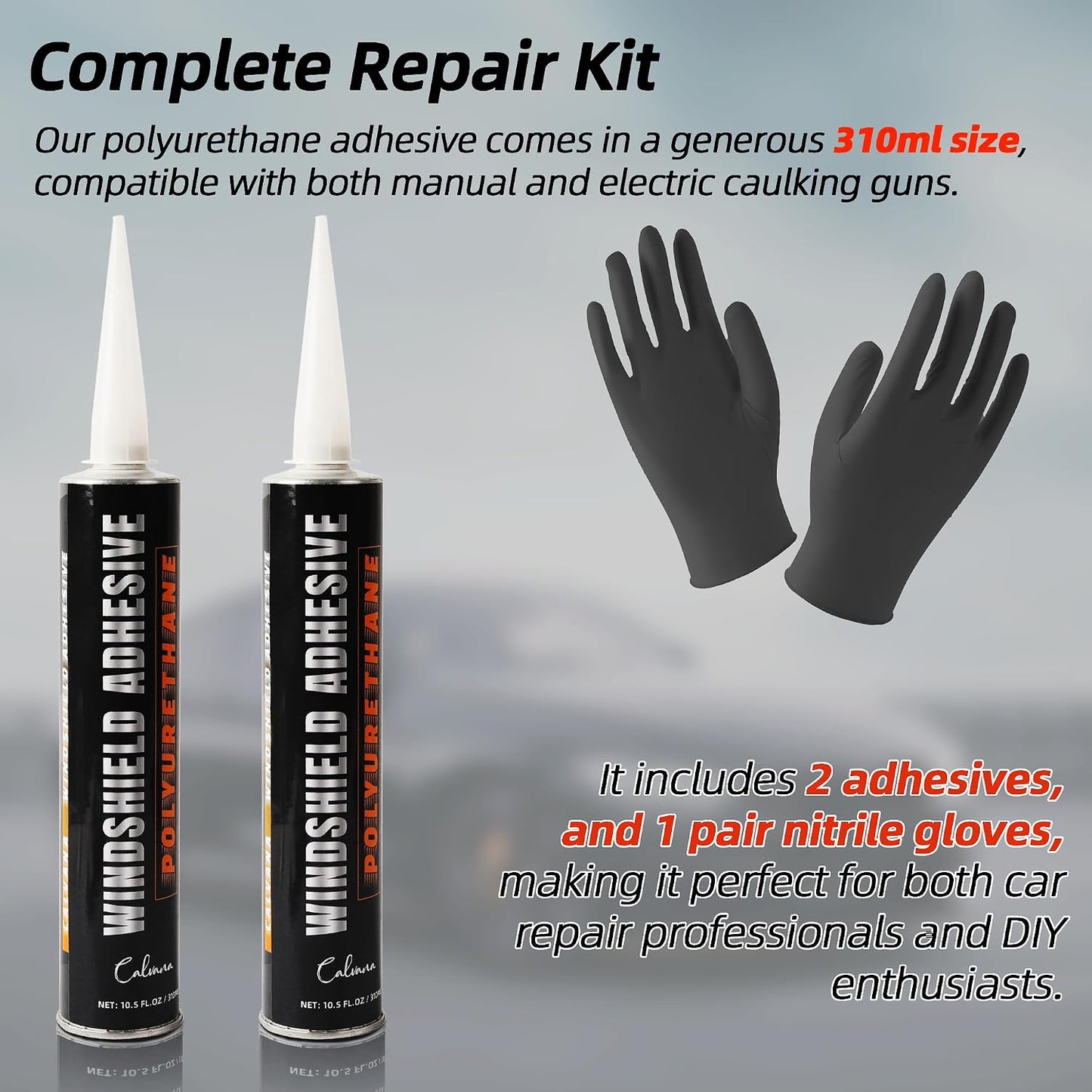Calvana (2 Pack Windshield Repair Kit – Black Polyurethane Adhesive for Car Glass Chips & Cracks, Quick-Cure & Weather-Resistant Sealant (310ml with Gloves)