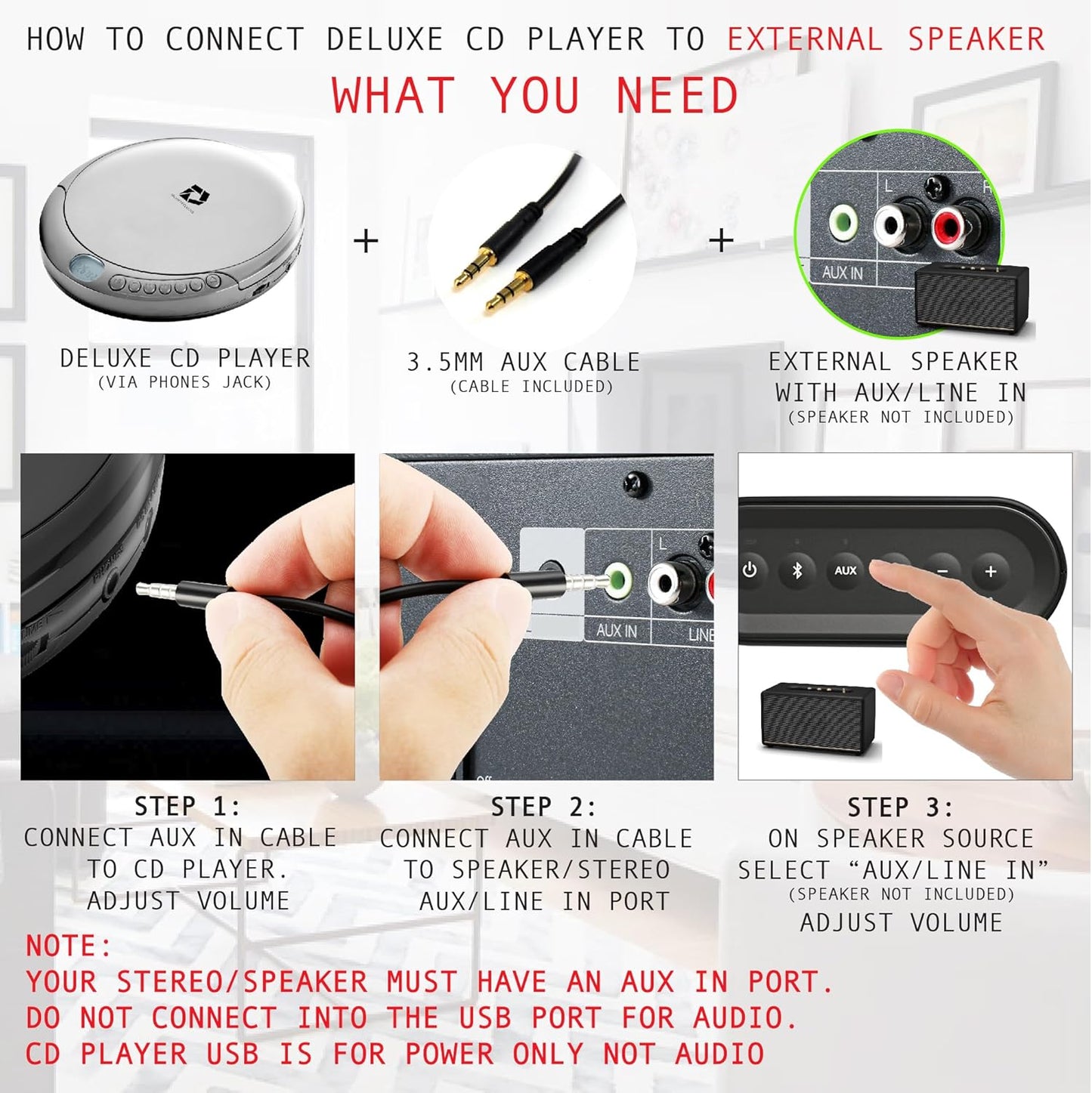 Deluxe Products CD Player Portable with 60 Second Anti Skip, Stereo Earbuds, Includes Aux in Cable and AC USB Power Cable for use at Home or in Car. Silver