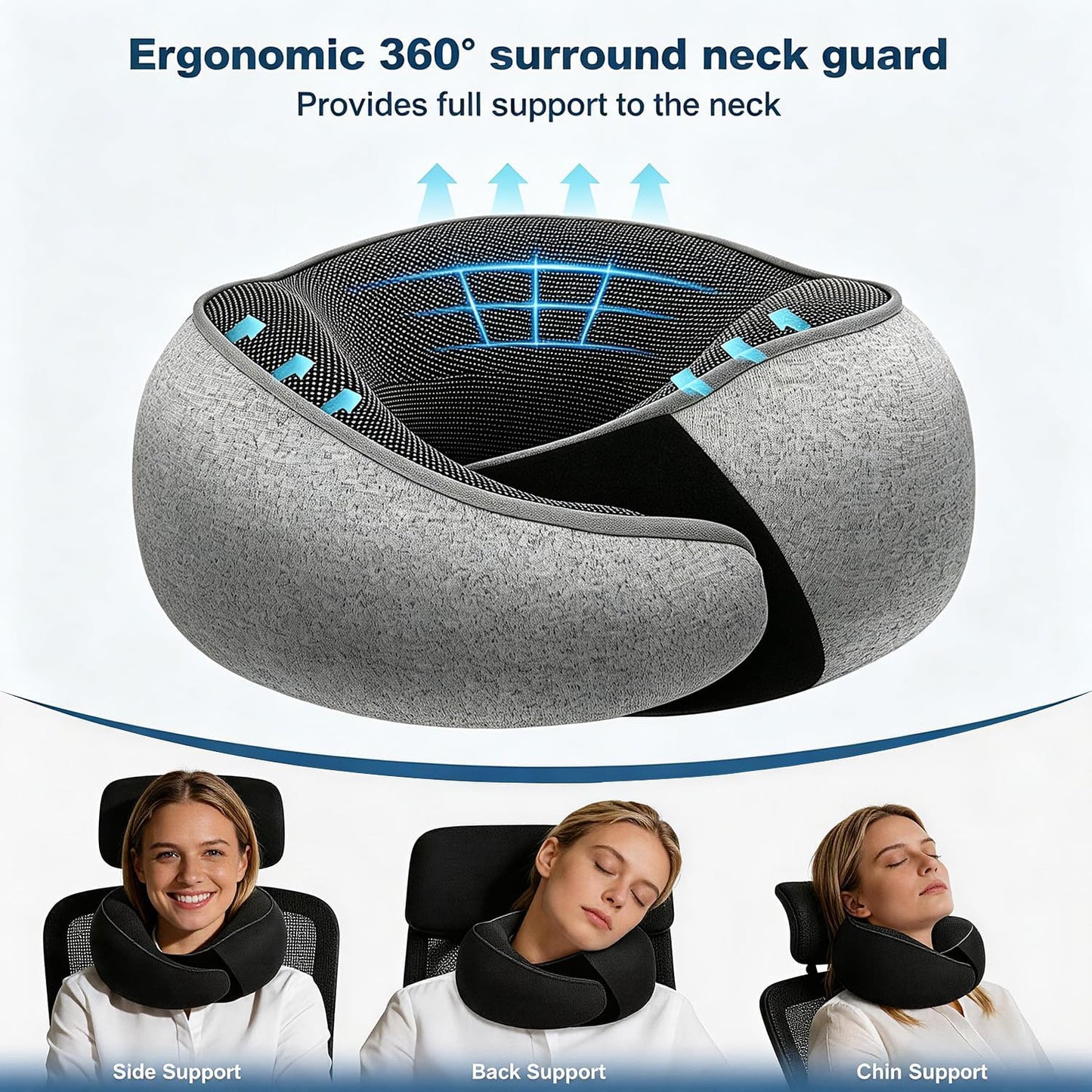 Ergonomic Airplane Pillow and Airplane Foot Hammock, Ultra Portable Neck Pillow with 360° Head Support, Portable Travel Foot Rest with Adjustable Strap, Includes Eye Mask & Ear Plugs, for Flight, Car
