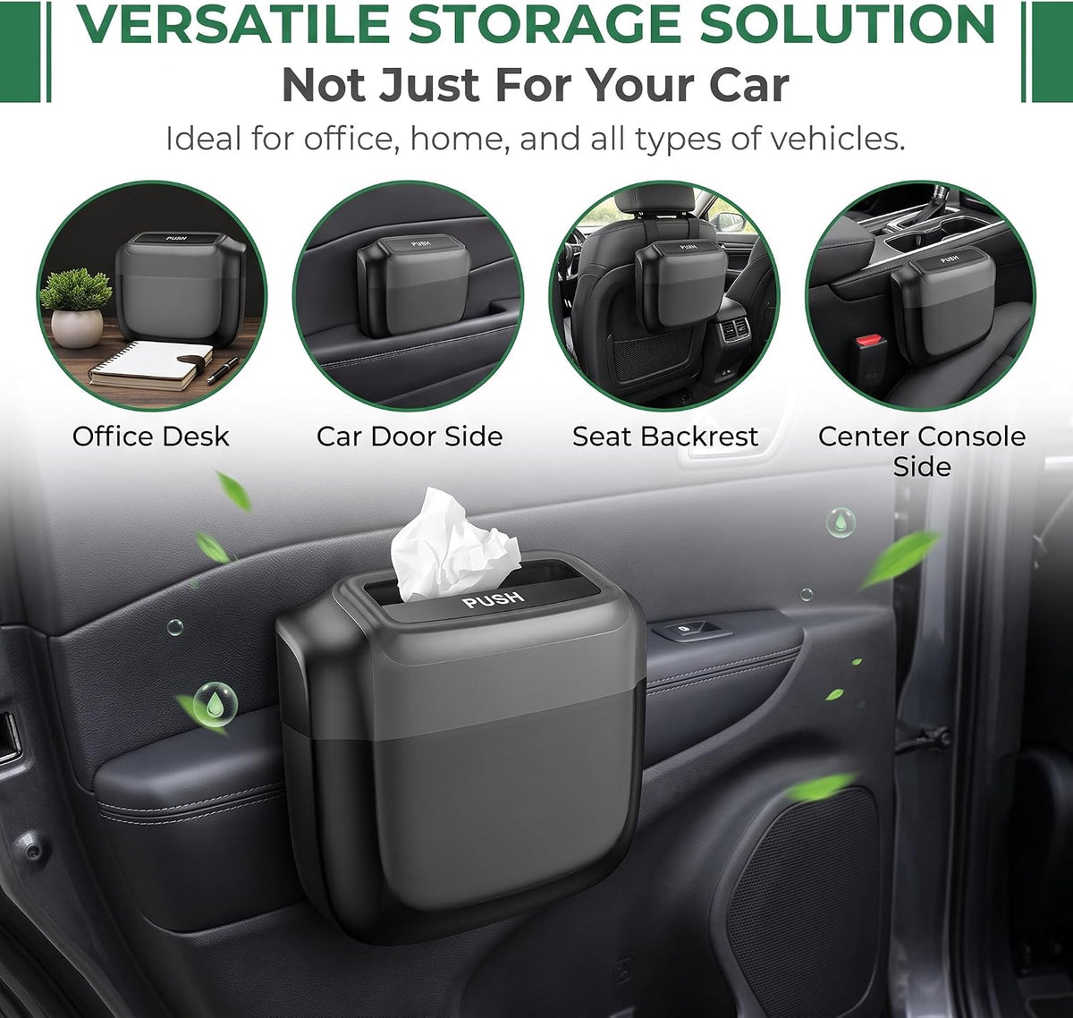 Car Trash Can with Lid, Waterproof Push to Open Garbage Bucket with 30 Trash Bags, Portable Large Capacity Door Side Storage Bin, Hanging Organizer for Most Car Home Office (Black)