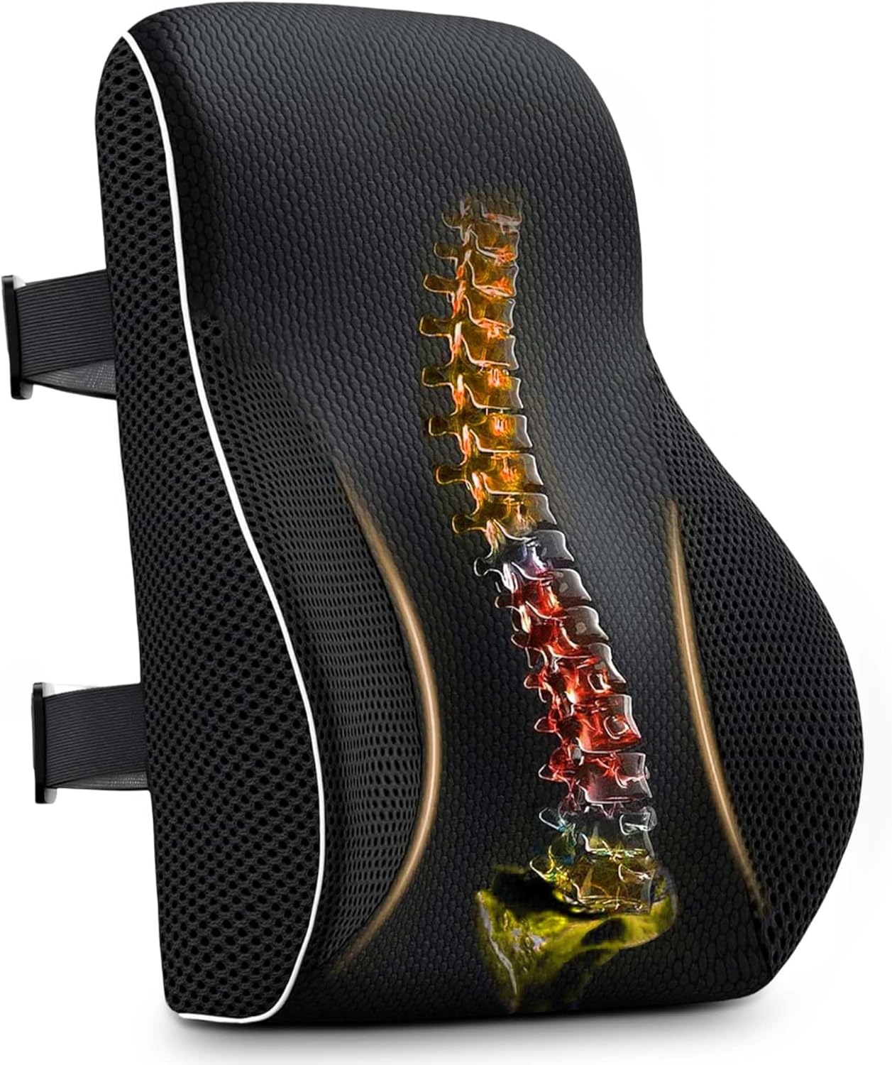 Lumbar Support Pillow for Office Chair and Car - Memory Foam Back Cushion with Breathable Mesh Cover & Dual Adjustable Straps for Back Pain Relief & Long Sitting - Full Back Support for Office Chair