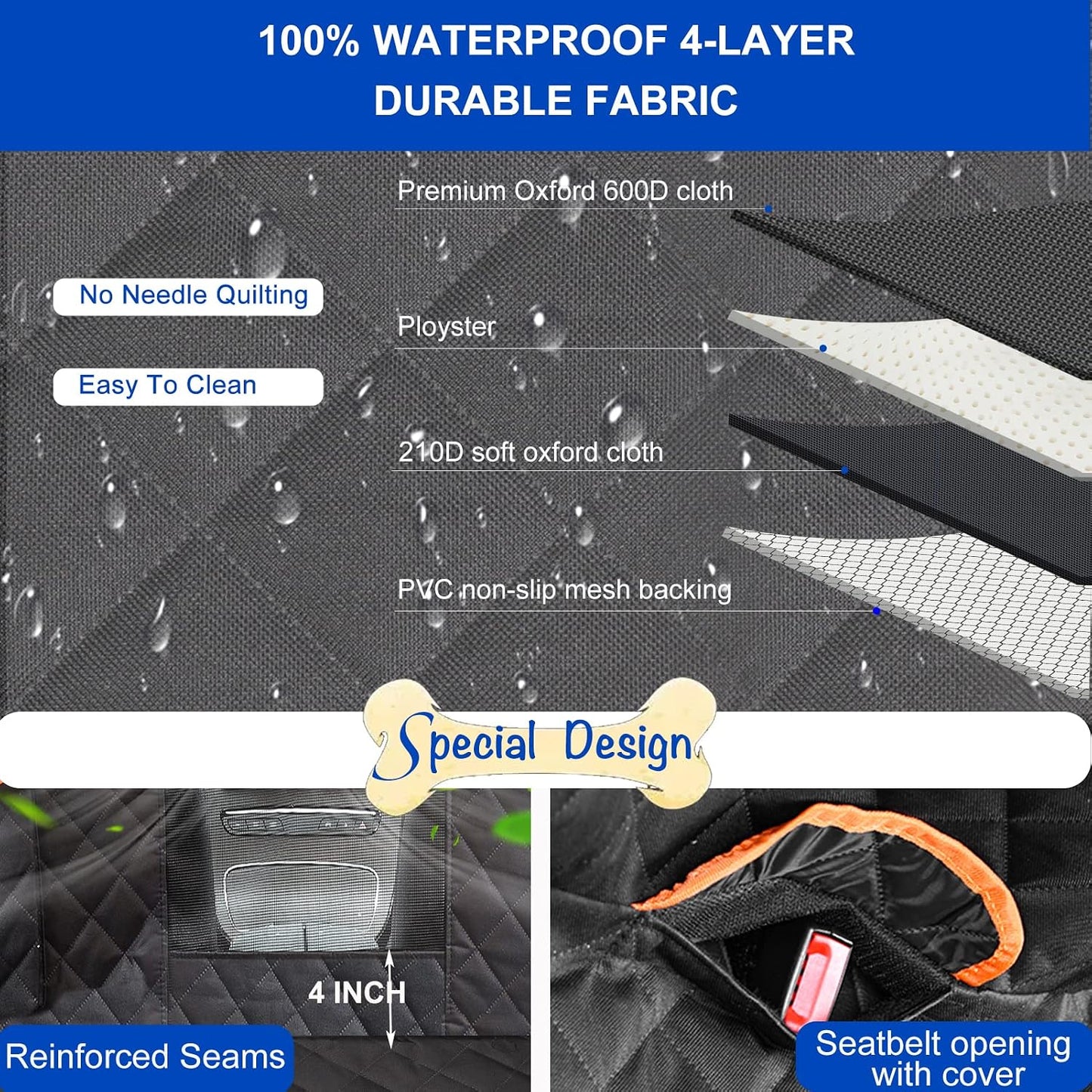 Dog Car Seat Cover for Back Seat 600D Scratchproof Nonslip Durable Waterproof Cars Pet Backseat Covers with Mesh Window Dogs Hammock for Car，SUV, Truck (54" W x 58" L)