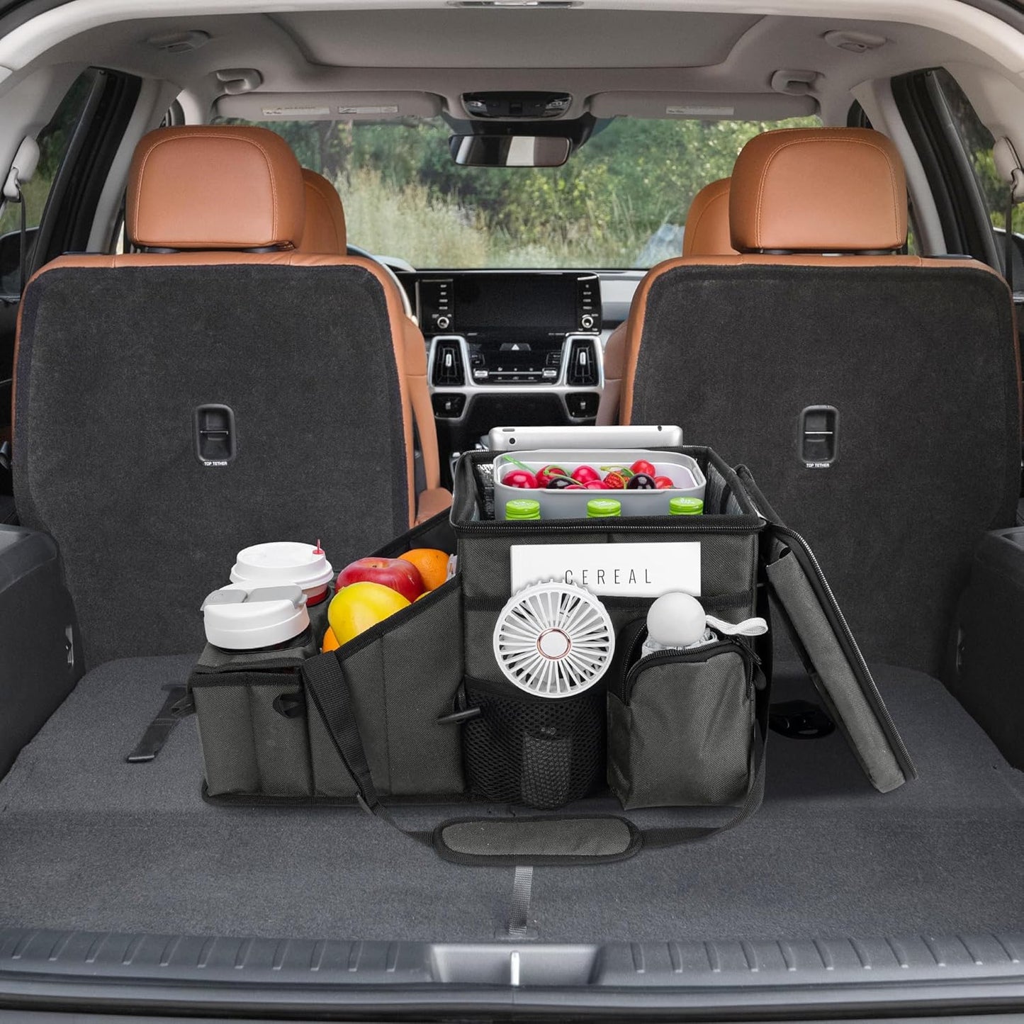 Car Front/Back Seat Organizer with Cup Holder, Movable Divider & Side Pockets, Insulated Compartment for Hot/Cold; Holds Bottles Firmly in Place, Non-slip, Easy-clean, Foldable with Strap