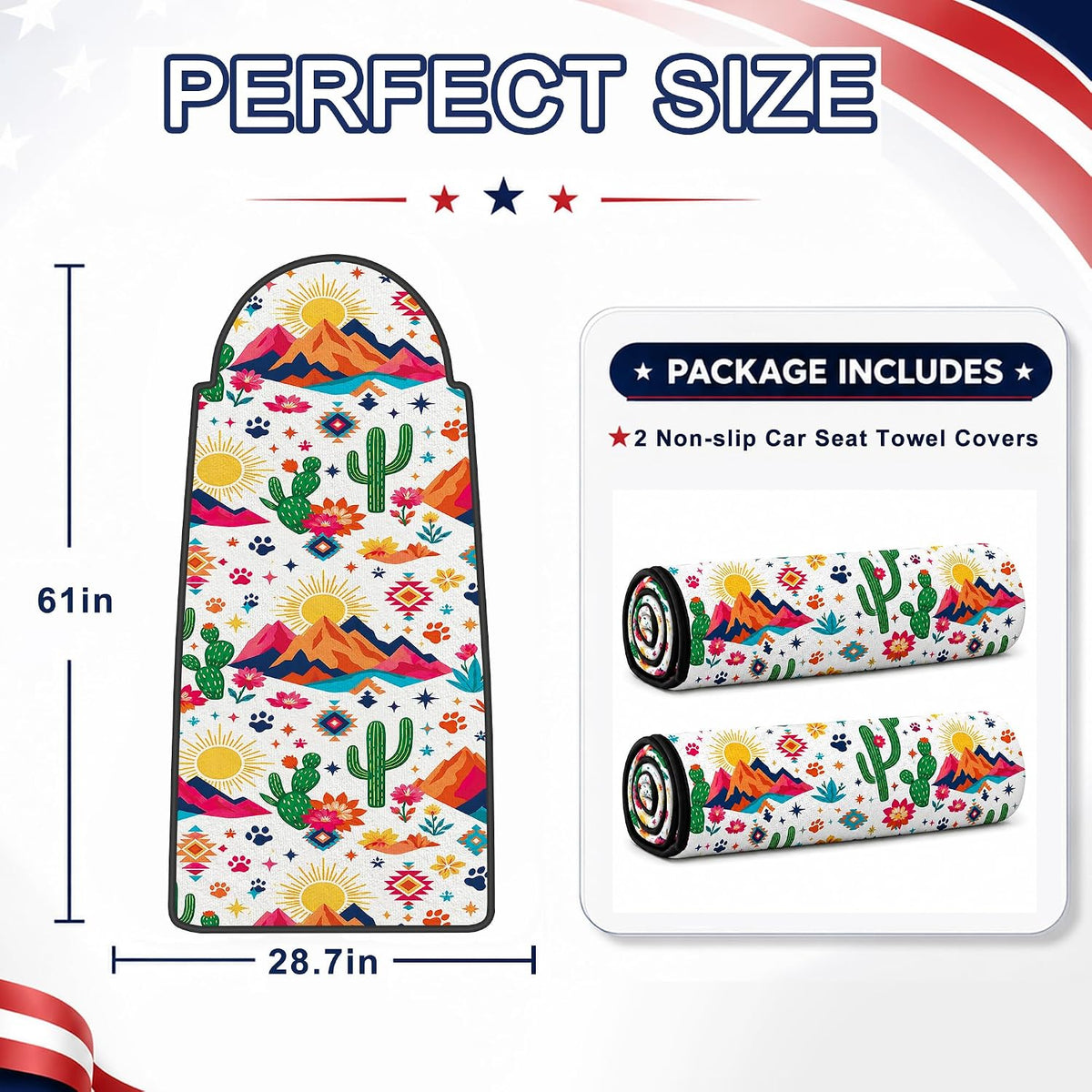 Car Seat Towel Cover 2 Pack for Front Seats, Sweat Absorbent Car Seat Protector with Non-Slip Backing, Waterproof Towel Car Seat Covers for Runners, Gym, Swimming, Beach, Desert Cactus