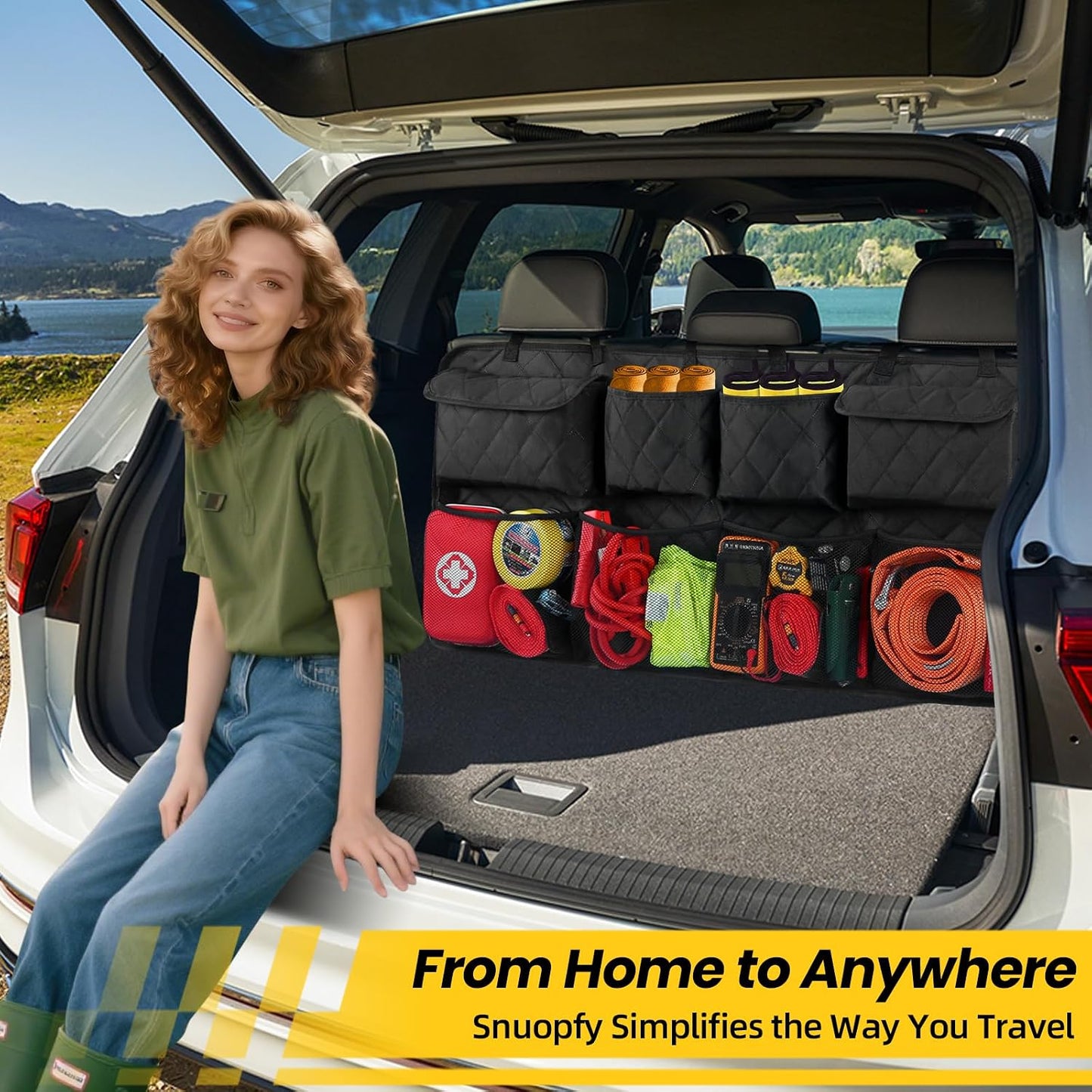 Car Trunk Hanging Organizer 3D Textured (Extra-Long), Cotton-Padded Farewell to Collapse, Reinforced Stitching, Extra-Wide Pocket, Backseat Grocery Storage Bag with 8 Pockets for SUV,Truck,Van