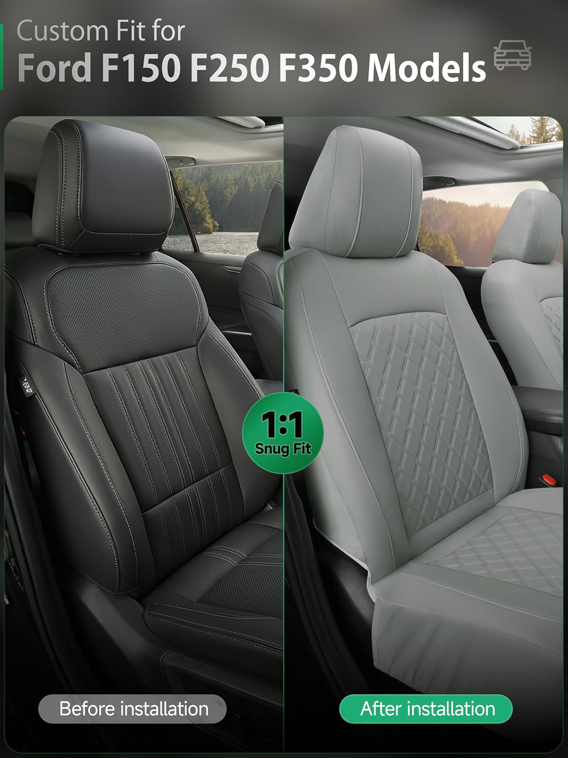 GIANT PANDA Front Car Seat Covers for 2009-2026 Ford F150,2017-2026 F250 F350 Super Duty Crew Cab SuperCrew SuperCab Pickup Trucks,Faux Leather 2-Pack (Solid Gray)
