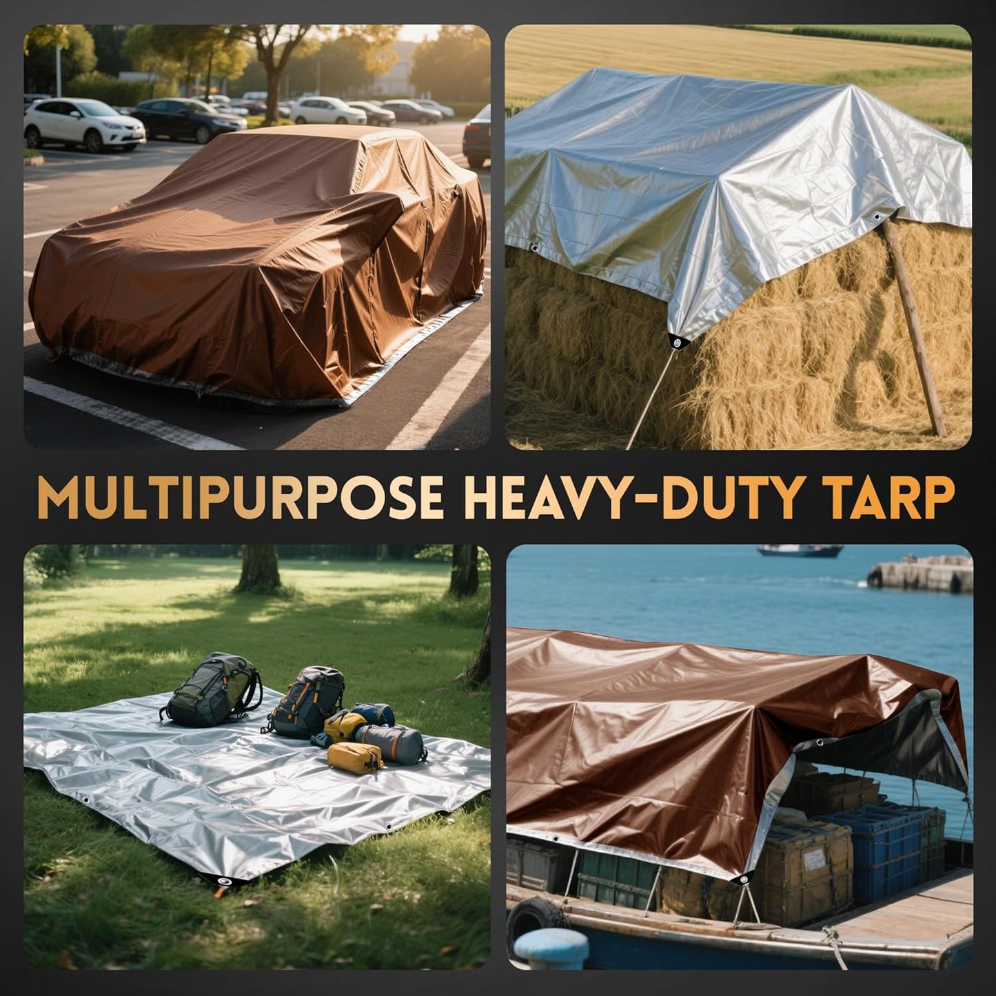 Tarp 12x12 ft Heavy Duty 10mil Silver/Brown 100% Waterproof High Durability Multipurpose Outdoor Tarpaulin,Uv Resistant,for Courtyards,Camping, Canopy, Trailer, Boats, Camping, Etc -by MVPNET