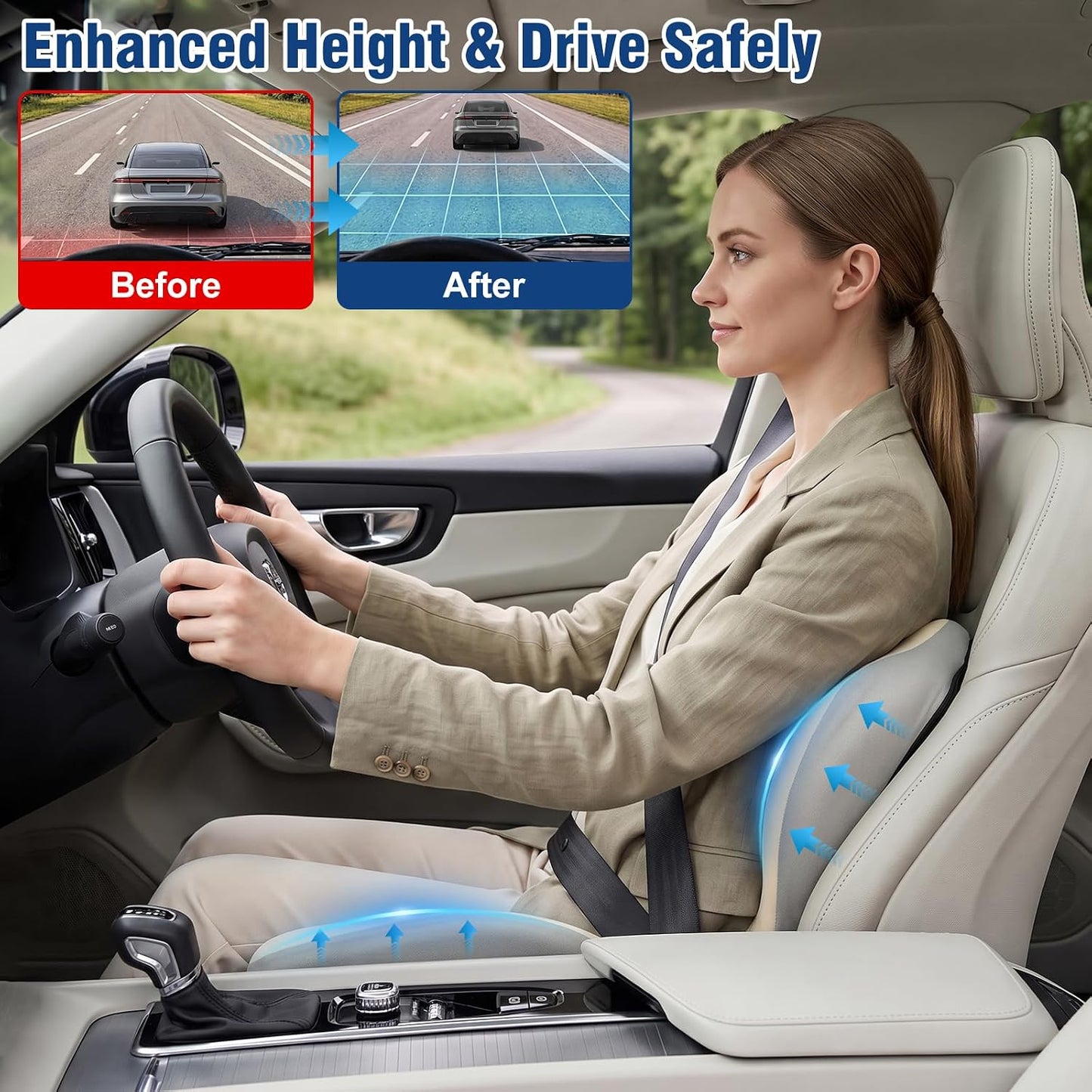 Car Seat Cushion with Lumbar Support Pillow, Memory Foam Office Chair Cushion for Back Pain Sciatica Pain Relief, Ergonomic L-Shaped Seat Cushion for Car Truck Driving Office Chair Home (White Gray)