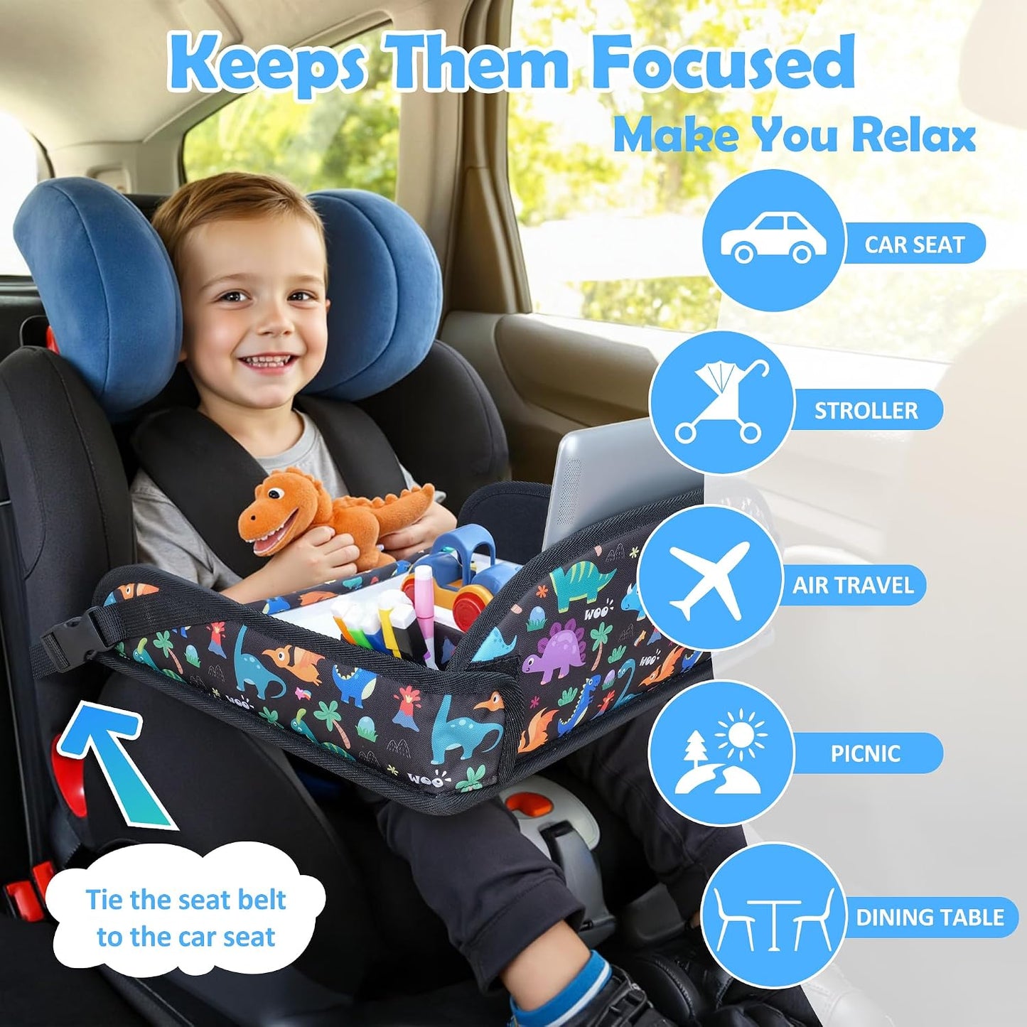 2Pcs Kids Travel Tray for Toddler Carseat, Road Trip Activities Essentials for Toddler, Kids Lap Desk Tray with Tablet Holder Stand ＆ Dry Erase Board (Dinosaur & Mermaid)