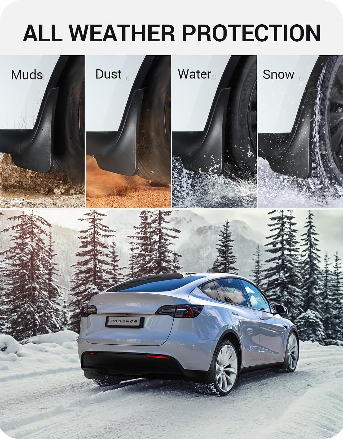 BASENOR 2024-2020 Tesla Model Y Mud Flaps Splash Guards Vehicle Sediment Protection No Drilling No Tape Mudflaps Tire Protector Mudflaps All Weather Tesla Exterior Accessories (Set of 4)