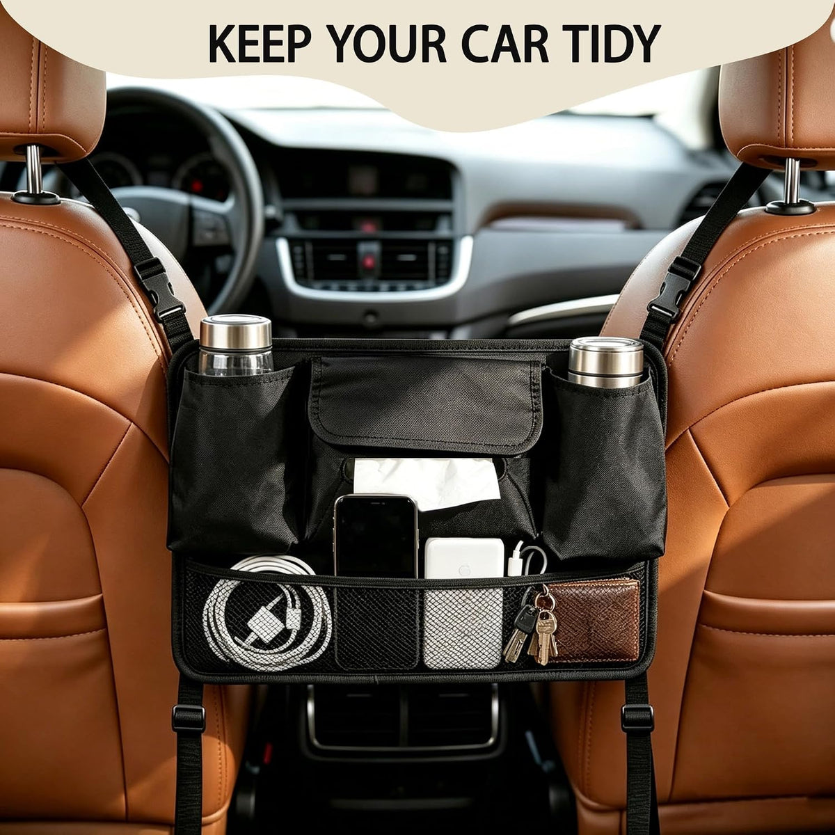 Car Purse Holder Between Seats, PU Leather Mesh Organizer with Cup Holder