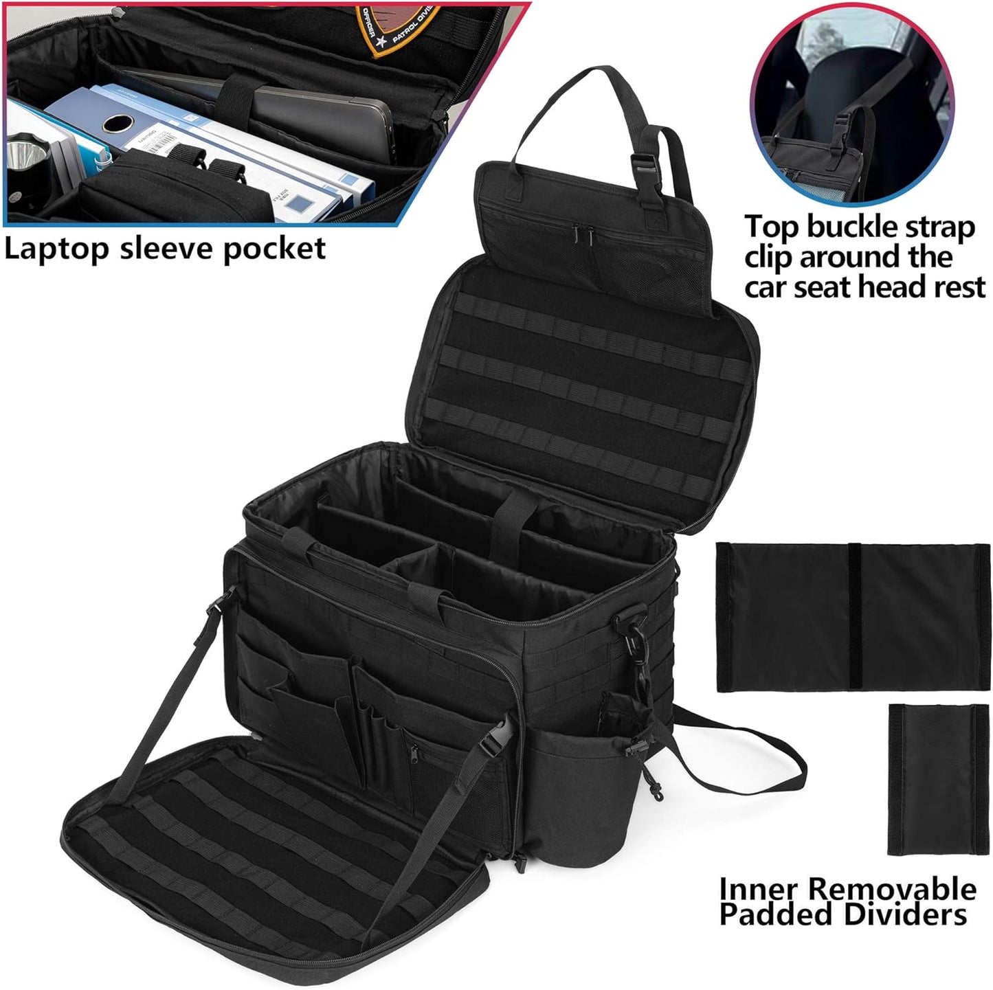Trunab Patrol Bag Police Gear Car Front Seat Organizer for Law Enforcement Military Duty Bag with 15.6” Laptop Sleeve, Cups Holder, MOLLE Strips, Fits Vehicle Passenger Seat