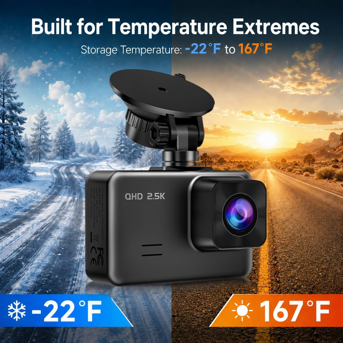 Dash Cam Front and Rear, 2.5K+1080P Dual Camera for Cars, 2" IPS Screen