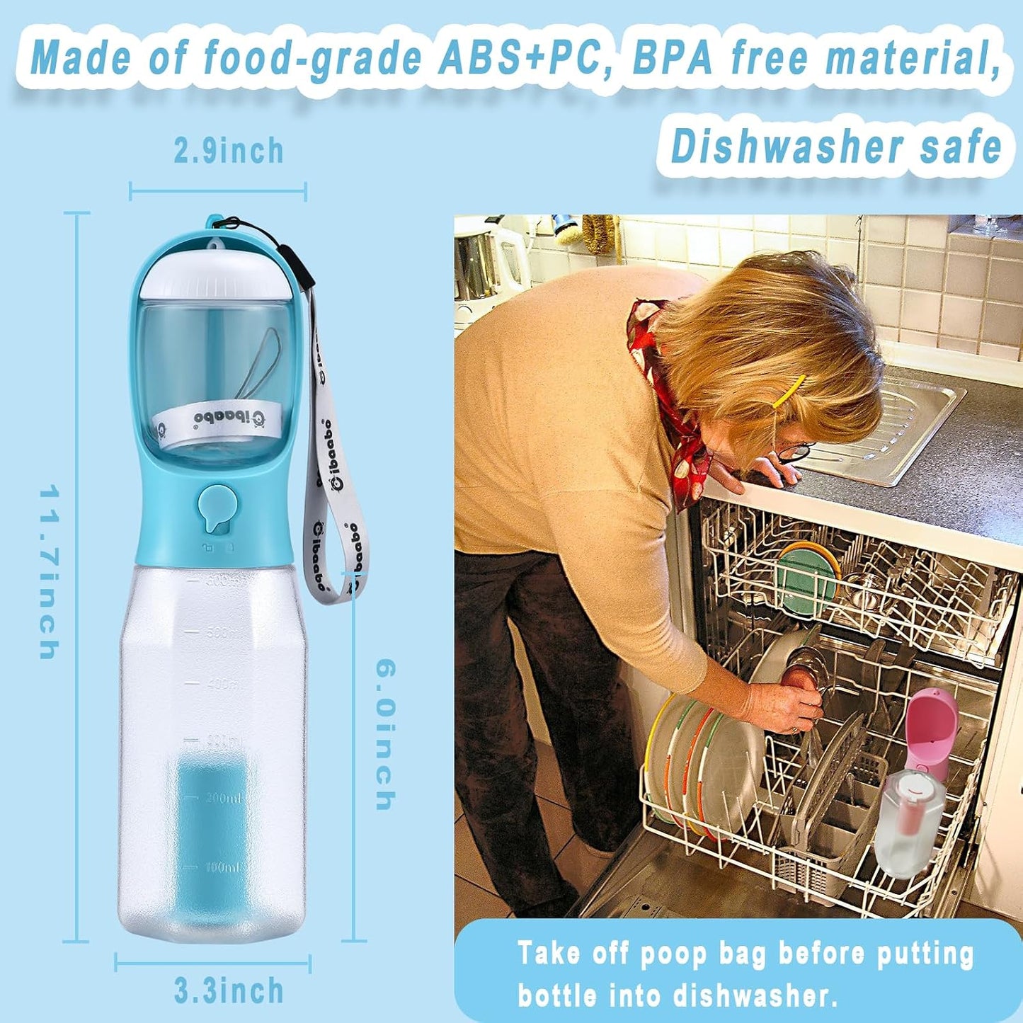 Cibaabo Dog Water Bottle with Food Container &amp; Poop Bag Holder &amp; Filter | Travel Water Bowl, Portable Pet Dispenser, Dog Gifts, Puppy Essentials for Walking Hiking