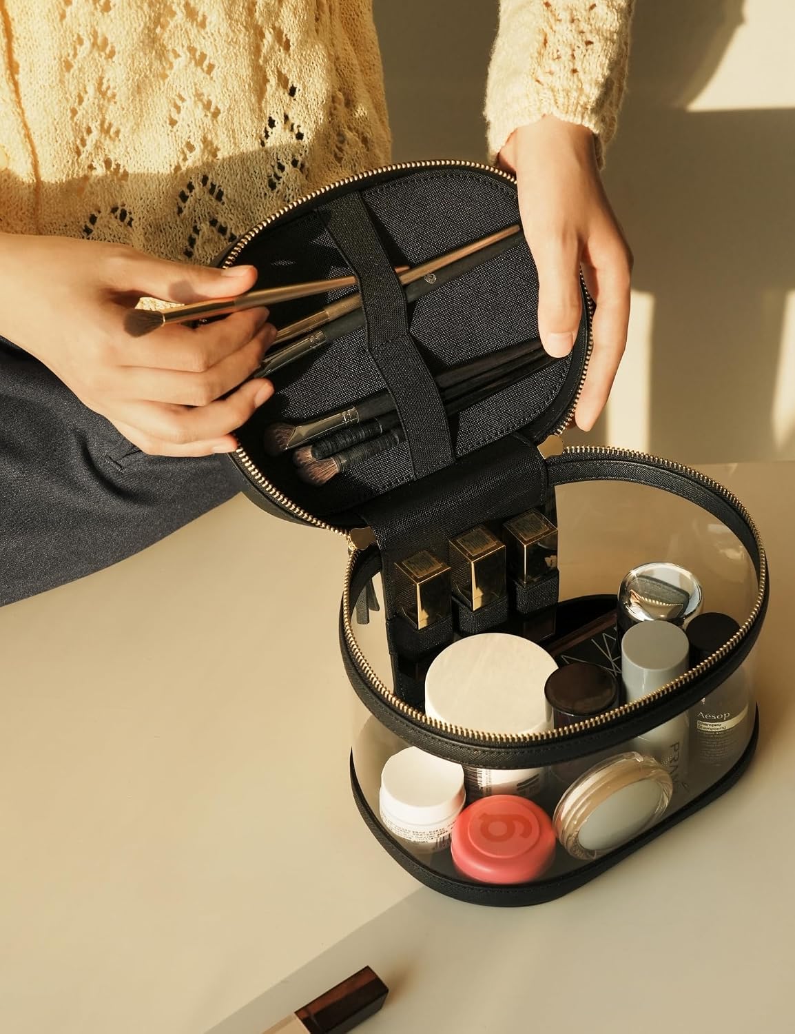 Popvibe Travel Makeup Bag Clear Compact Make Up Vanity Case with Brush Storage and Top Handle, Toiletry Makeup Case Traveling Leather Cosmetic Bag, Portable Medium Large Sized Train Case, Black