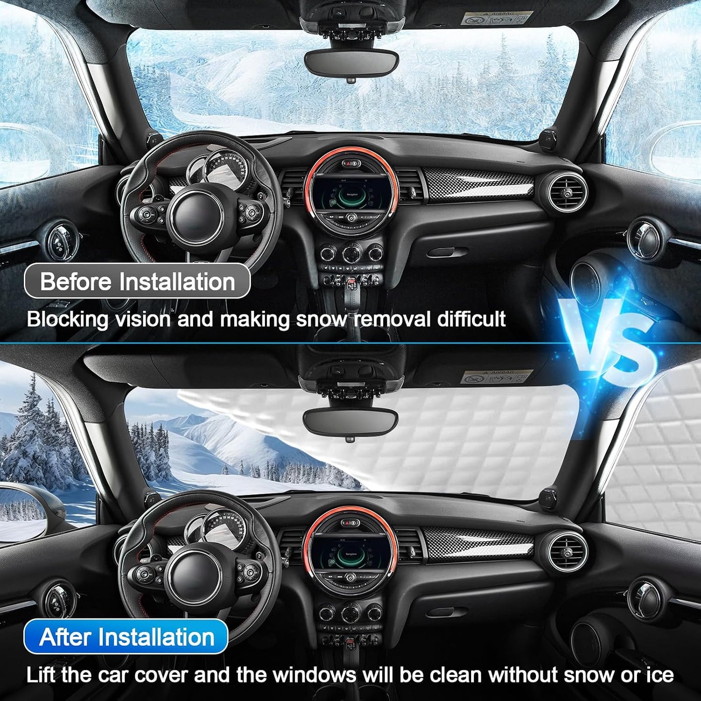 6 Layers Windshield Snow Cover Universal Midsize Sedan/Compact SUV Protection Hail & Snow Shield | Scratch-Free Hooks + Reflective Strips + Mirror Covers