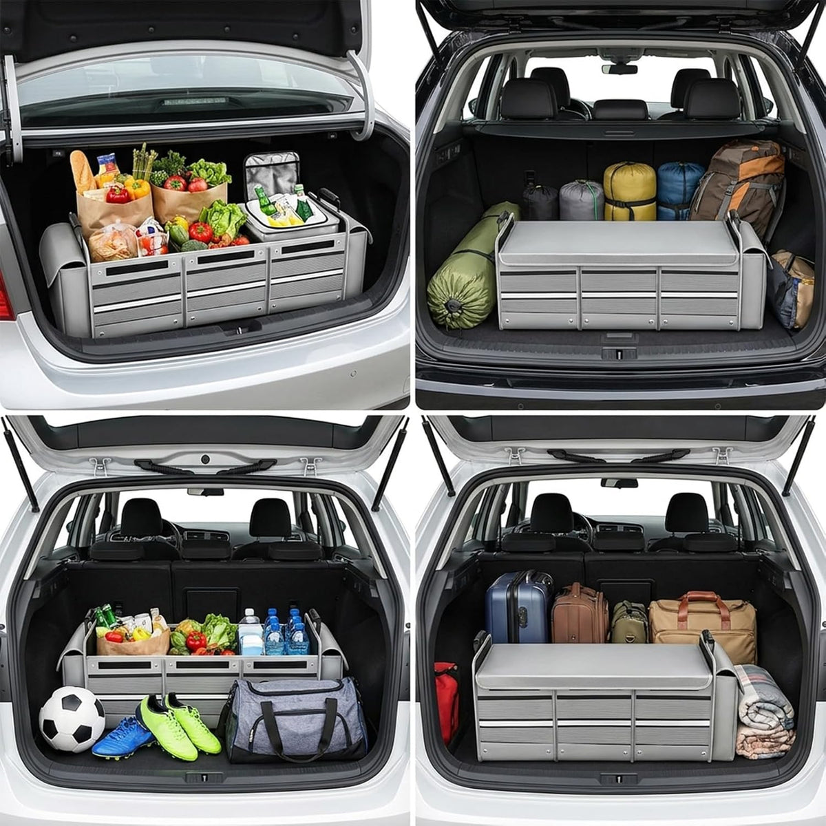 Car Trunk Organizer with Removable Cooler Bag - Collapsible Multi-Compartment Storage for SUV Truck Groceries Camping, Durable Nylon Auto Cargo Organizer (Gray)