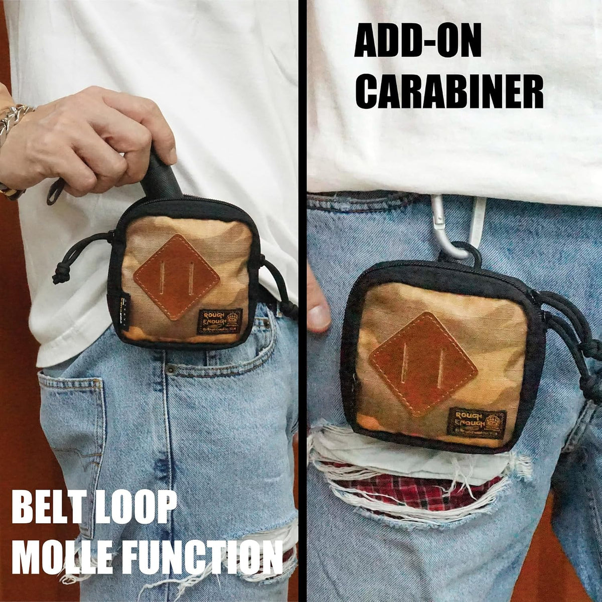 Rough Enough EDC Belt Pouch for Men Coin Organizer Small Tactical Molle Pouch with Magnetic Buckle Zipper for Outdoor Gear Desert Camo and Black Cordura