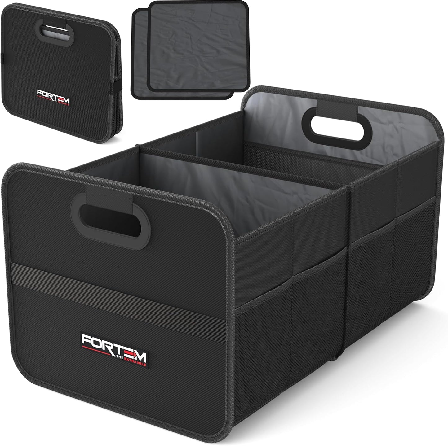 FORTEM Car Trunk Organizer, Collapsible Two Compartment Organizer, Foldable SUV & Truck Storage for Car Accessories for Women Men, Non Slip Bottom, Sturdy Side Walls, Strong Handles, 45L