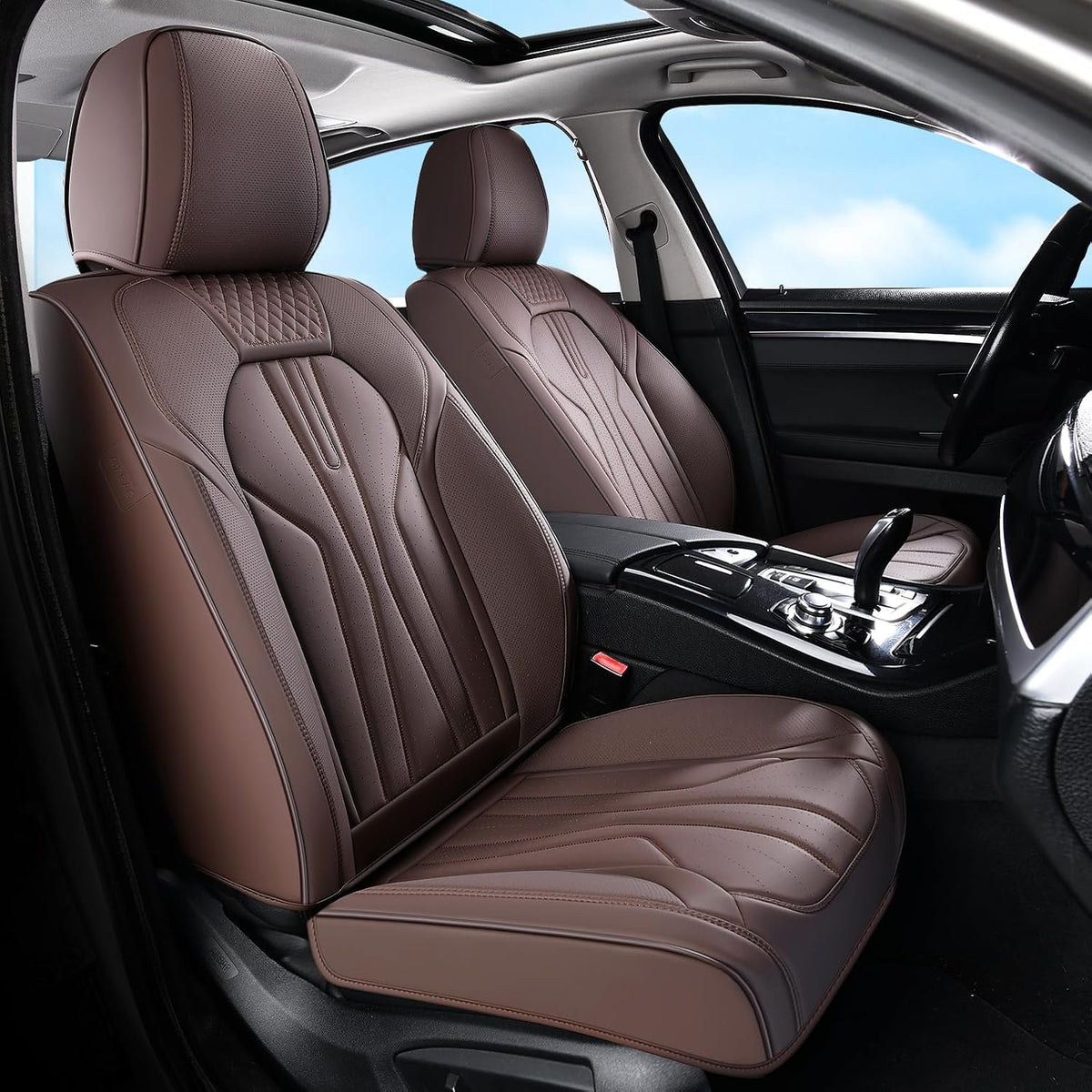 Huidasource Leather Car Seat Covers Full Set 5 Seats, Waterproof Faux Leather Front & Rear Seat Cover with Headrest, Non-Slip Automotive Seat Covers Fit for Most Cars Trucks SUV, Coffee