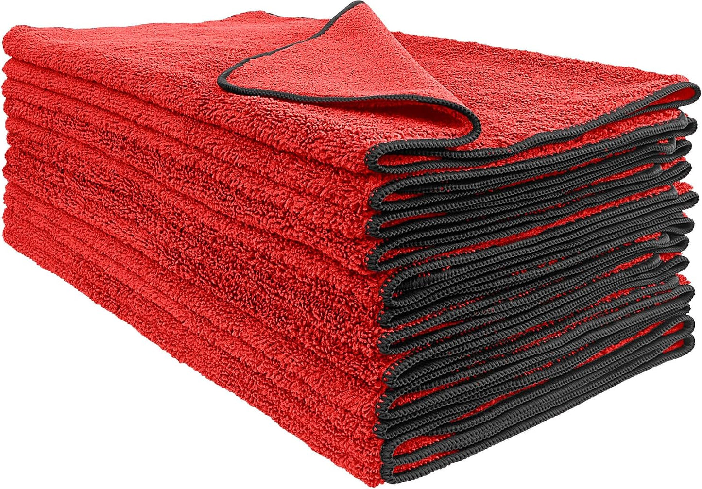 Detailer's Preference Dual Pile 400 GSM Microfiber Towels with Red Trim, All-Purpose Terry Weave Cleaning Cloths for Auto, Home, Boat, Scratch-Free & Reusable, 16x24 Inches, 12-Pack