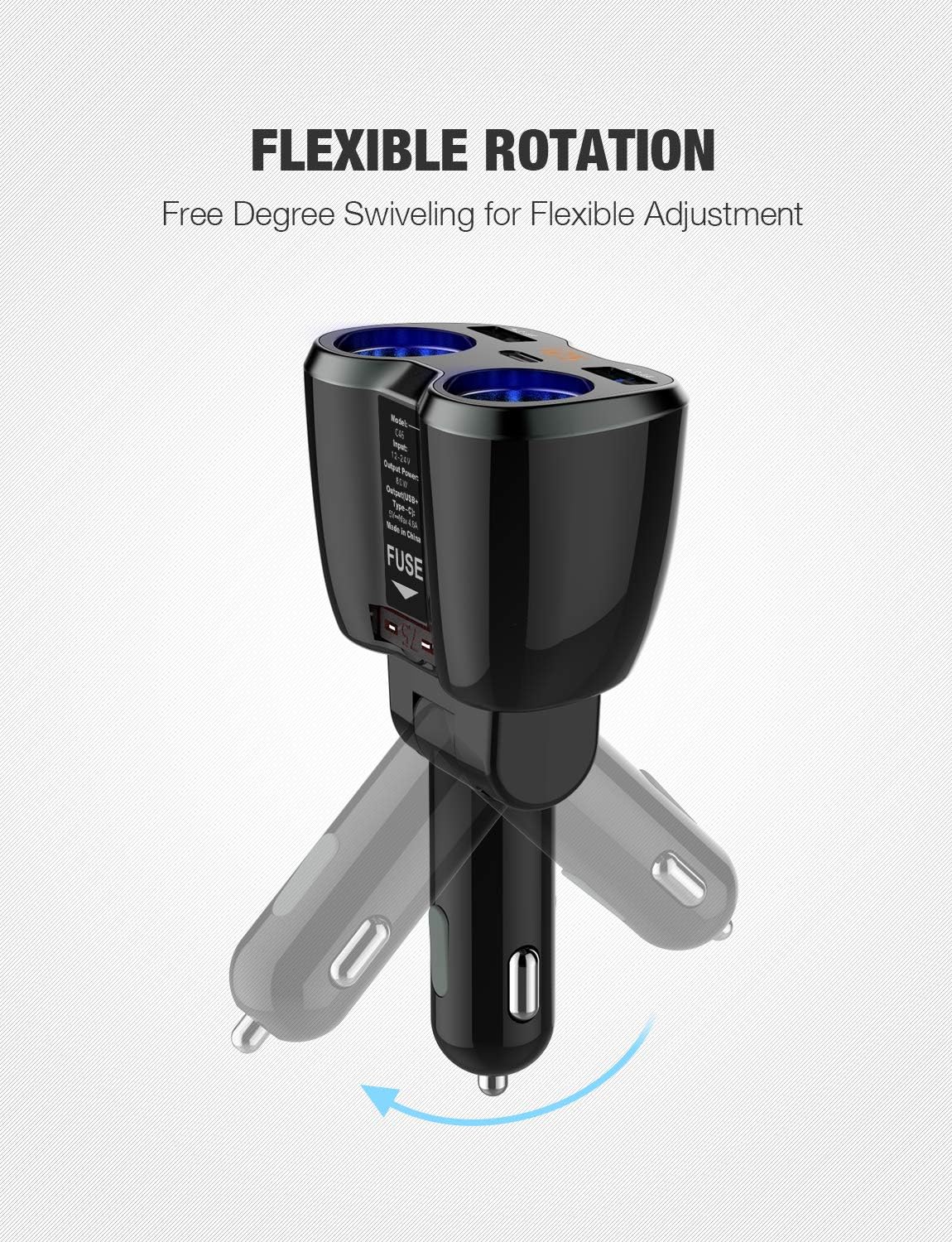 Otium USB C Car Charger, 2 Sockets Cigarette Lighter Splitter 12/24V 80W Dual USB Type-C Ports Separate Switch LED Voltage Display Built-in Replaceable 10A Fuse Compatible Mobile Phone GPS Dash Cam