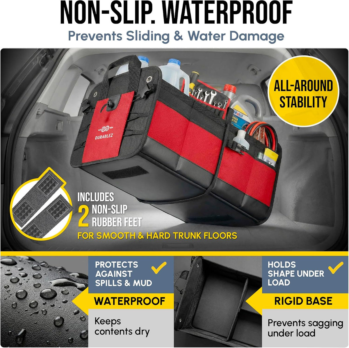 Large Car Trunk Organizer, Modular & Collapsible, 3 Compartment, Red