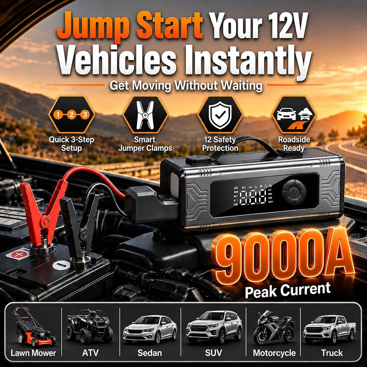 9000A Portable Battery Car Battery Jump Starter with Air Compressor, 160PSI Tire Inflator, 6500Pa Car Vacuum, 3-Mode LED Light & 30000mAh Power Bank, Roadside Emergency for Family Travel, SUV, Truck