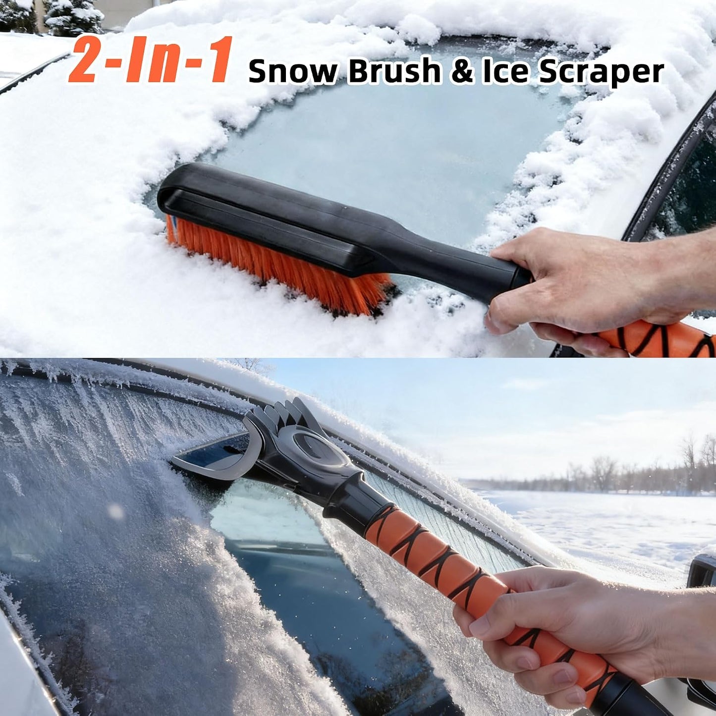 27" 2-in-1 Snow Brush and Ice Scrapers for Car Windshield [Military-Grade Rugged Durability] Removable for Easy Storage, Suitable for Sedans, SUVs and Trucks（Orange）