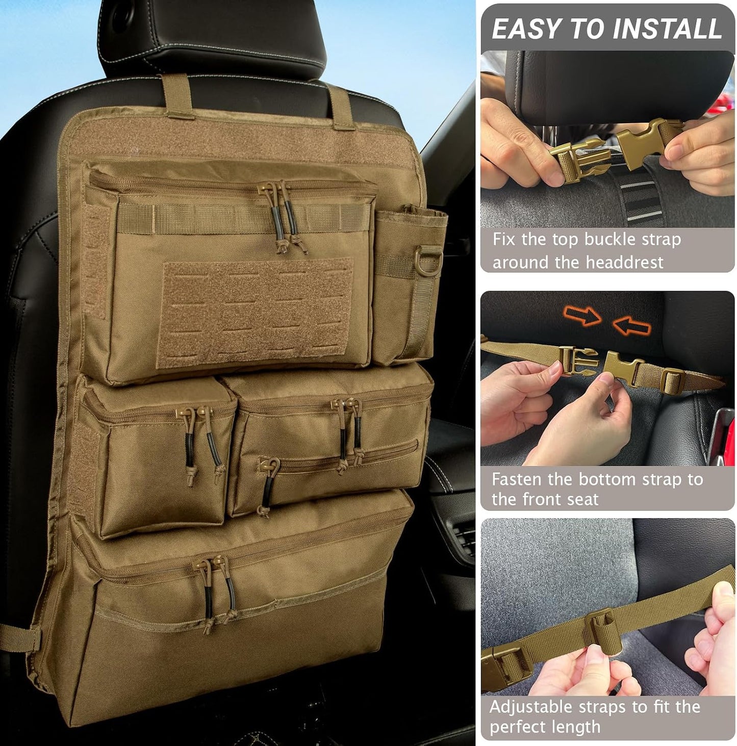 Tactical Seat Back Organizer Heavy Duty MOLLE Panel Organizer with Multiple Pockets & Hook Loop Panel for EDC Gear, Road Trip Essentials, Universal Fit for Car SUV Truck Jeep (Mud)