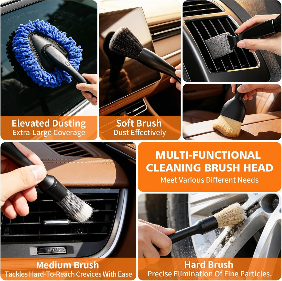 Windshield Cleaner Tool, 12Pcs Car Cleaning Kit, 23-inch Extendable Handle with 4 Microfiber Pads, Car Interior Detailing Brushes, All-in-One Inside Car Cleaning for Auto Detailing