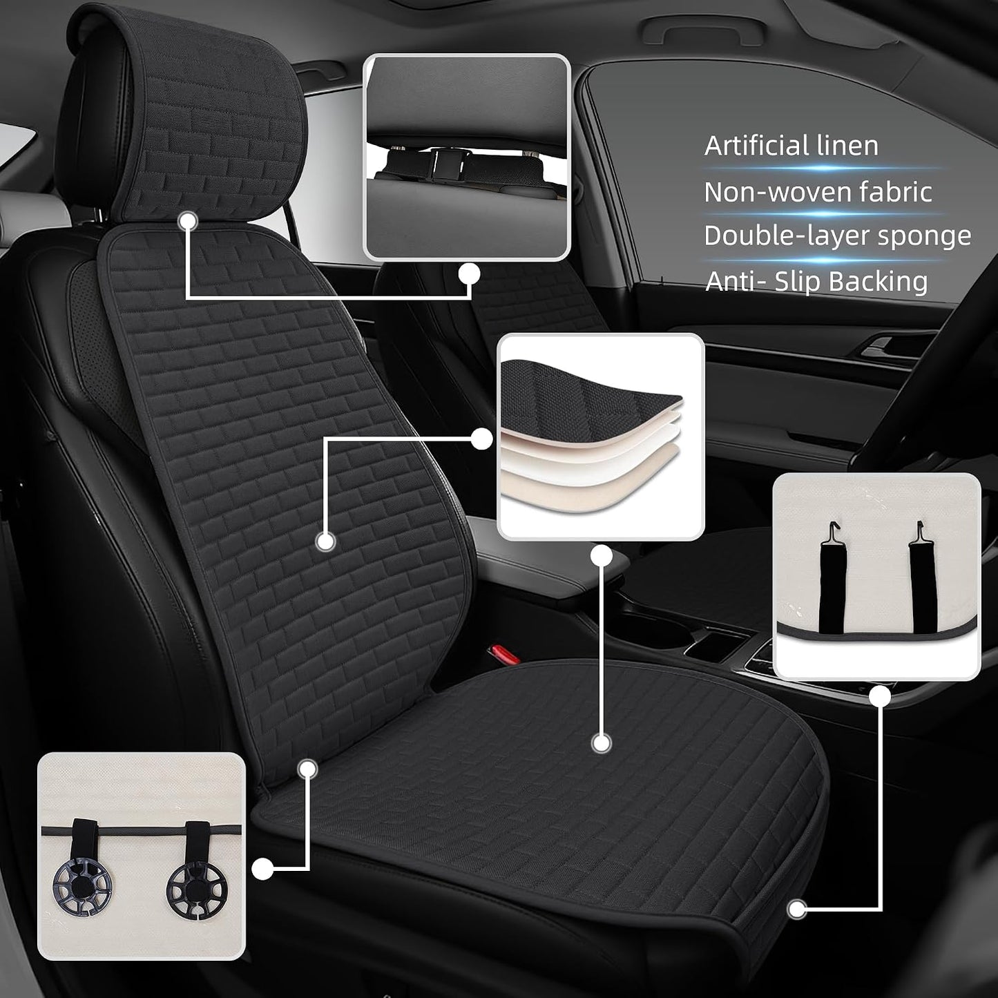Linen Car Seat Covers Front Seat Covers - 2 PCS Durable & Non-Slip Breathable Cloth Fabric Car Seat Protector, Universal Fit for Most Automotive, Vans, SUVs, Trucks - Black