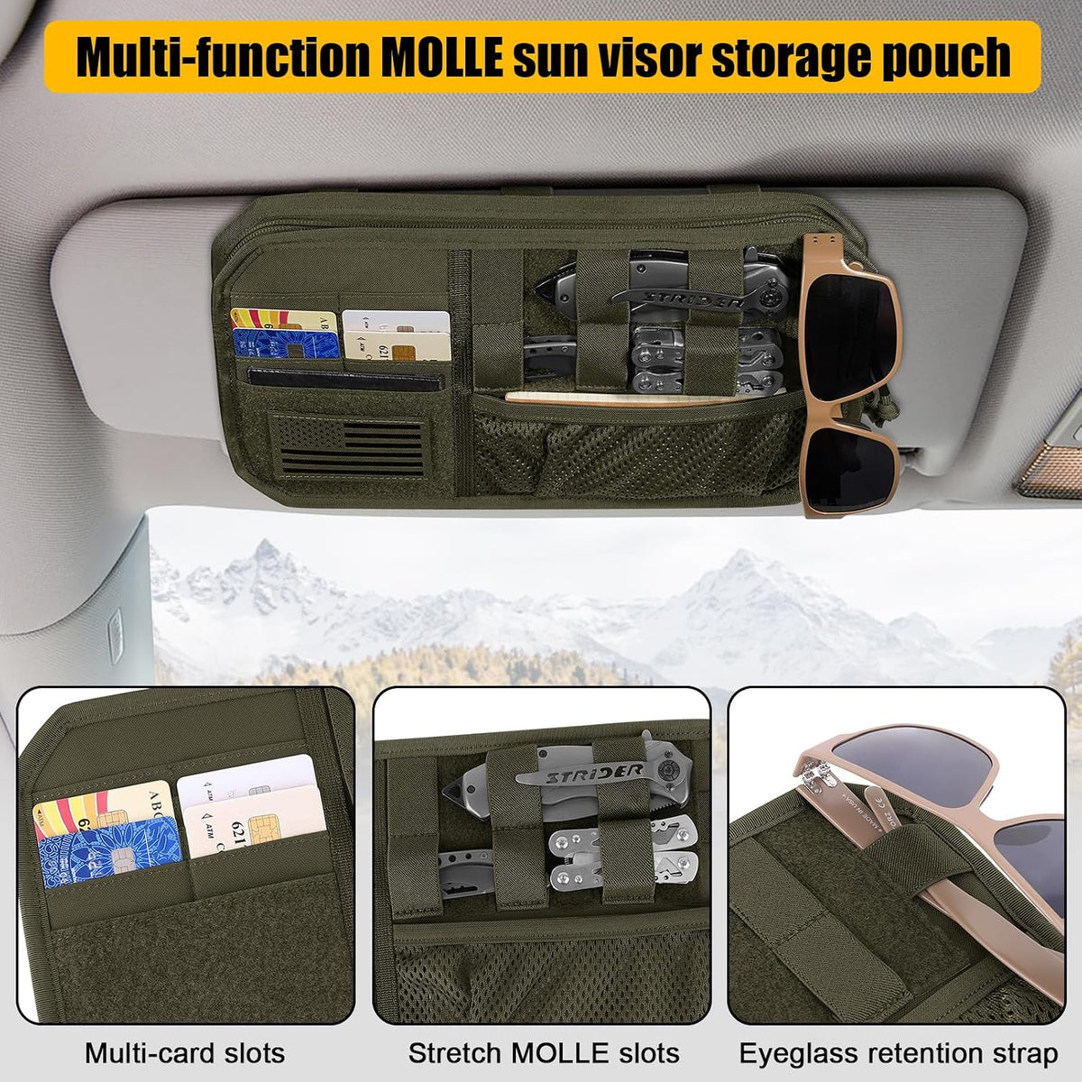 Car Sun Visor Organizer, Tactical Sunvisor Organizers Storage Covers for Trucks, Molle Panel with Pockets Zipper Visor Storage Pouch Accessories, Fits Most Vehicles, SUVs & Jeeps (RG-NEW)