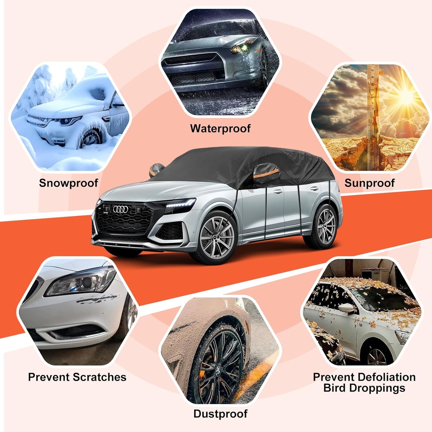 Half Car Cover Sedan, Sunroof Cover for Rain Snow with Reflective Strip, Car Winter Accessories Waterproof All Weather Protection, Fit Sedan 178-200 inch