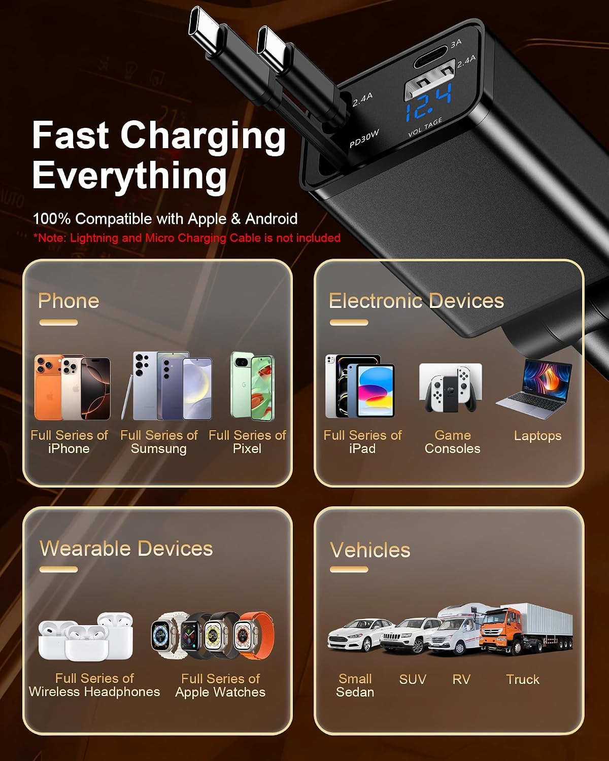 Retractable Car Phone Charger for Samsung S26 Android Fast USB C iPhone 18