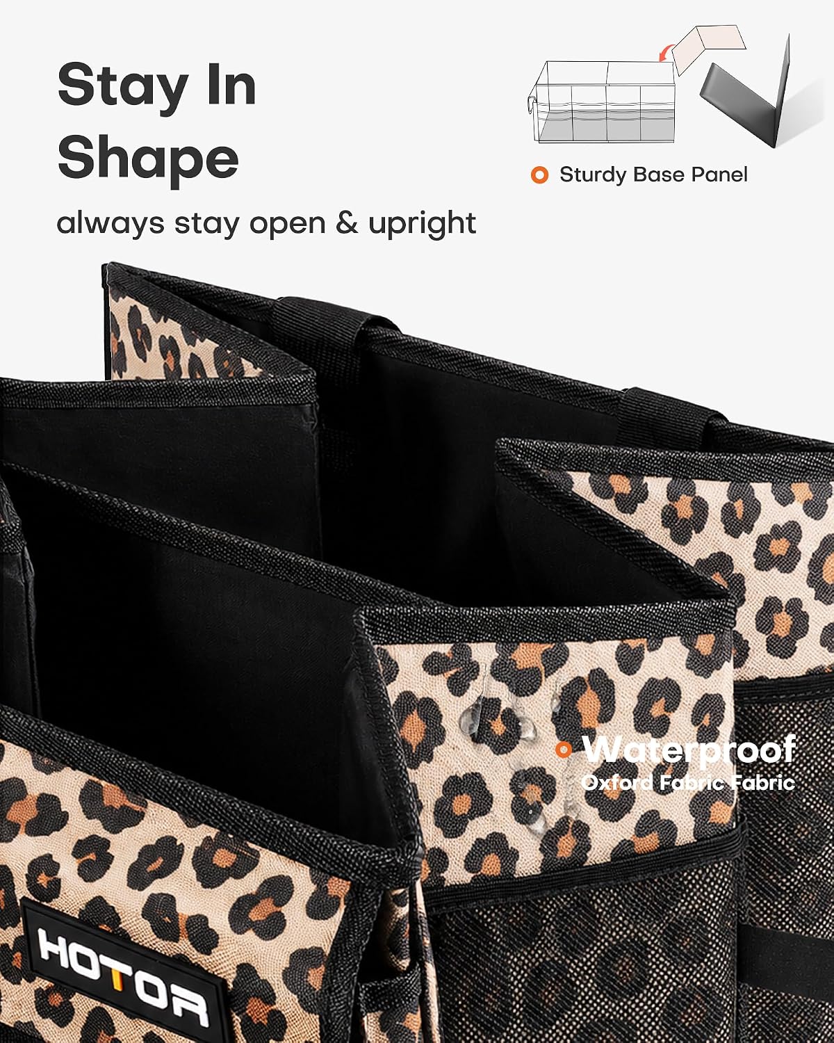 HOTOR Trunk Organizer - Car Organizer, Foldable Trunk organizer for SUVs & Sedans, Sturdy Car Organization for Car Accessories, Tools, Sundries, Brown Leopard, 2 Compartments, 21.3"×12.6"×10.6"