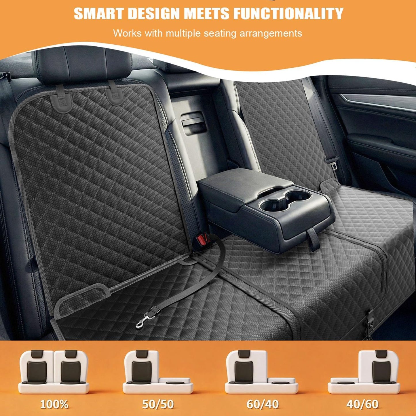 Dog Car Seat Cover for Back Seat, Waterproof Back Seat Cover with Zippered Armrest Access, Non Slip Rear Bench Cover for Cars SUVs - 52W