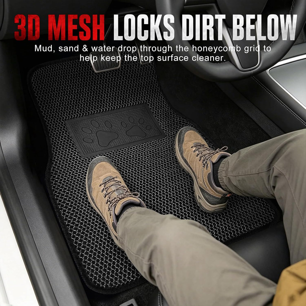 Universal Car Floor Mats, 3D Mesh Fabric All Weather Waterproof Car Floor Liners,With Anti-Slip Granule Backing&Driver Heel Pad,Efficient Dust&Dirt Resistant for Sedan,SUV,Truck,Van,Set of 4pcs