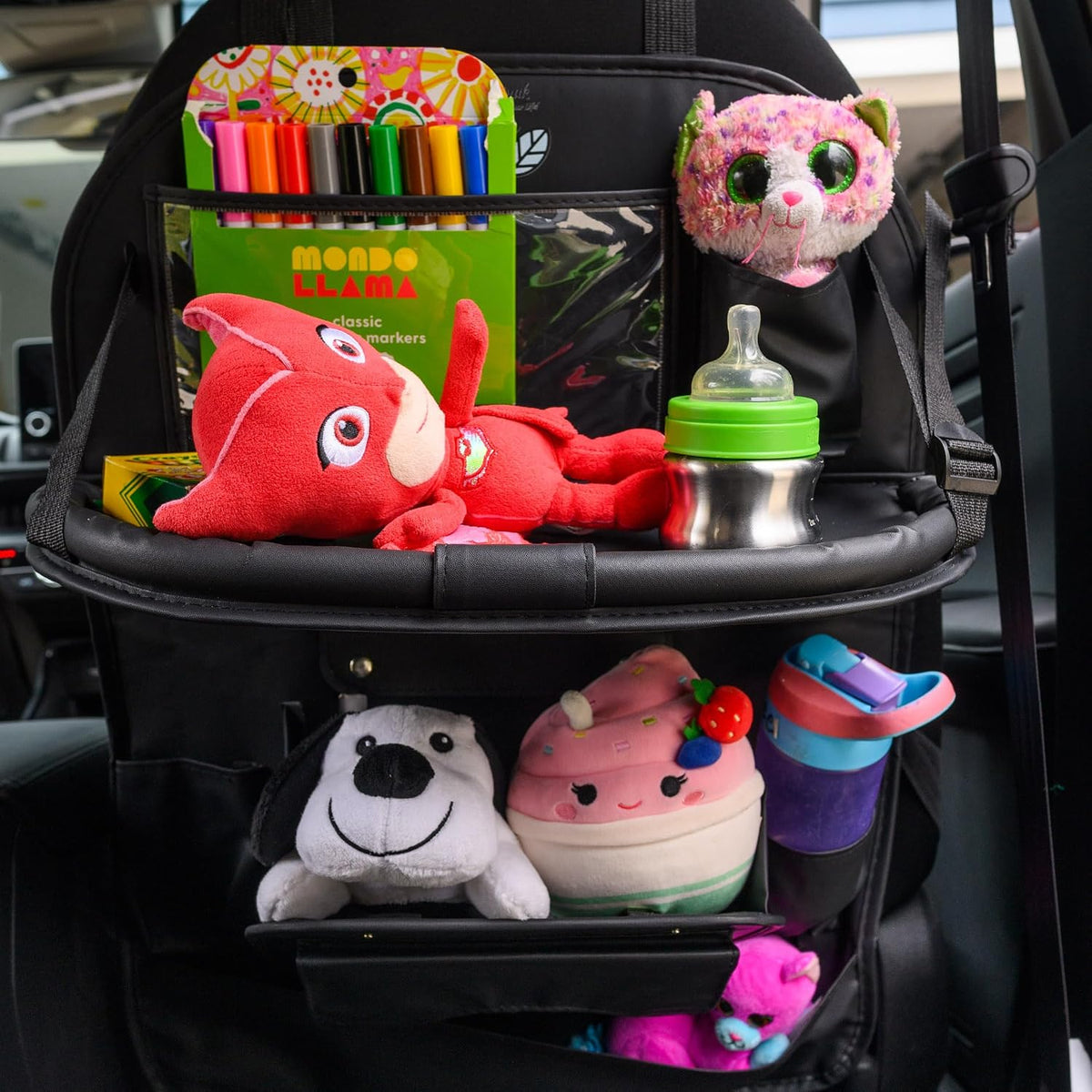 Premium Double-Layered Leather Car Backseat Organizer with Built-in Foldable Tray | Perfect for traveling with kids, Waterproof Car Seat Organizer with Pockets | Easy Installation