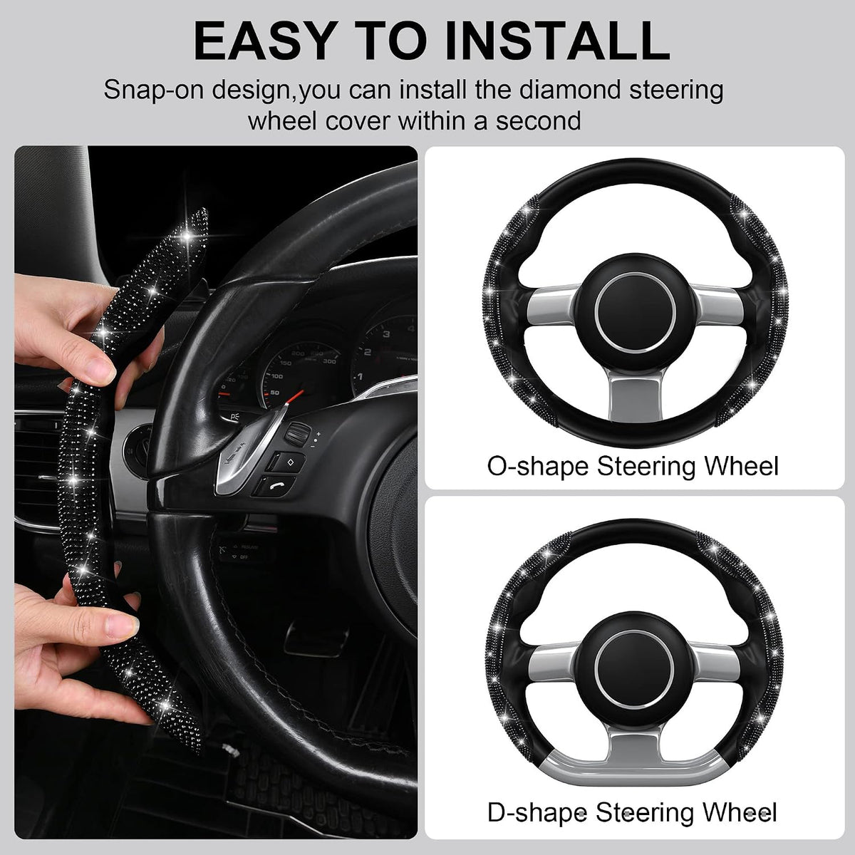 CAR PASS 2PCS Bling Diamond Segmented Steering Wheel Cover with Crystal Rhinestones, Wheel Protector Non-Slip Cute Car Accessories Universal Fit D-Shape O-Shape 14.5" to 16" for Women, Black Diamond
